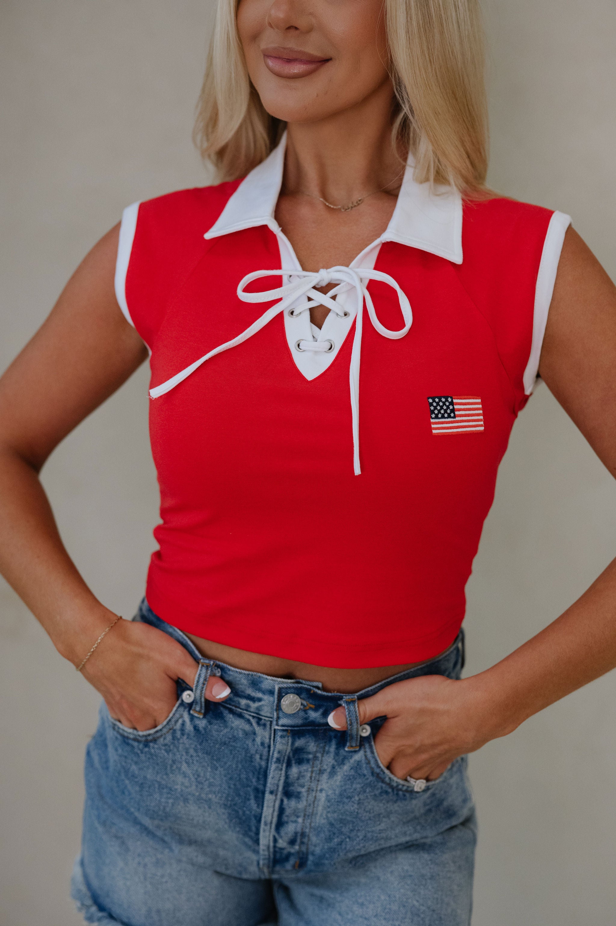 USA Flag Detail Collared Top-Red/White