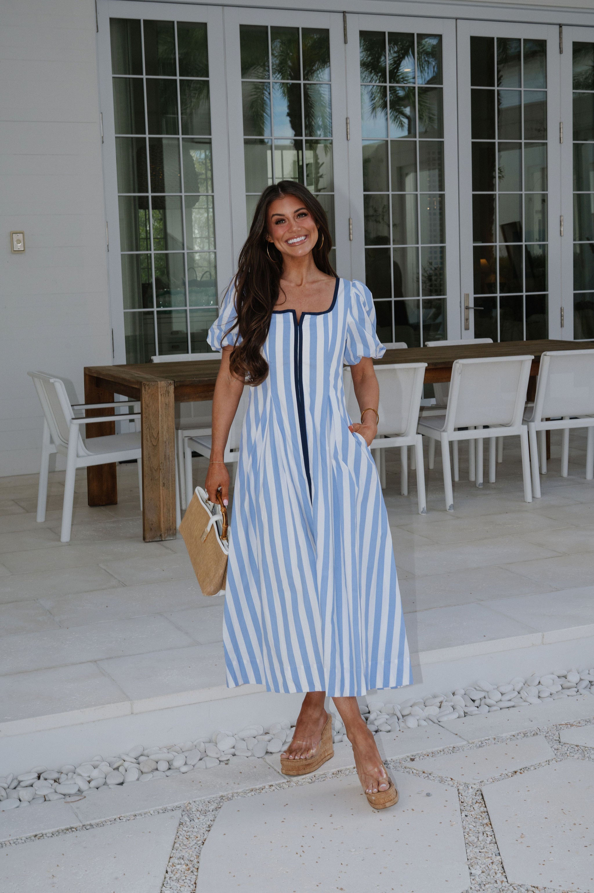 Kady Puff Sleeve Midi Dress-Blue