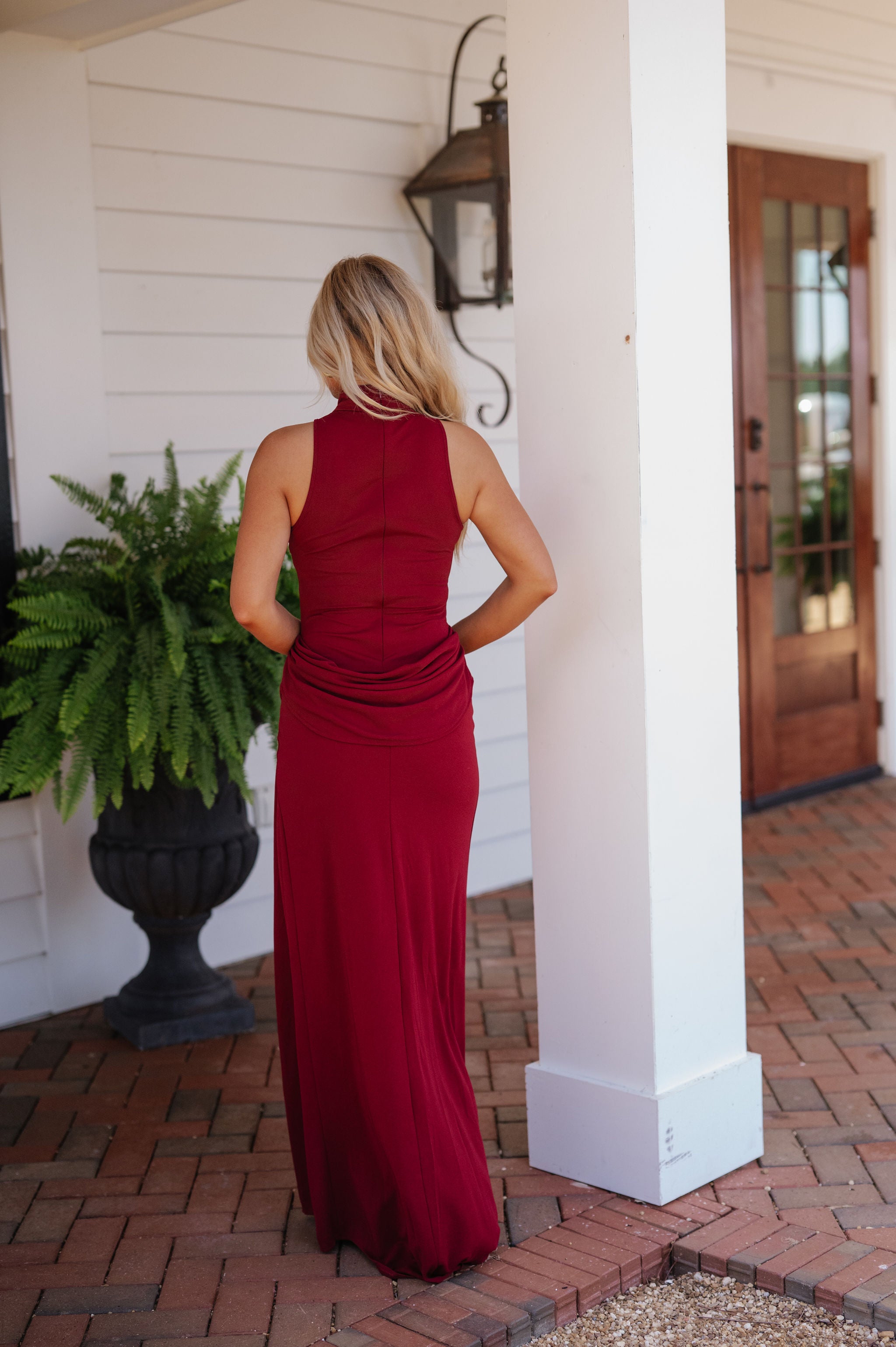 Maia Sleeveless Mock Neck Maxi Dress-Burgundy