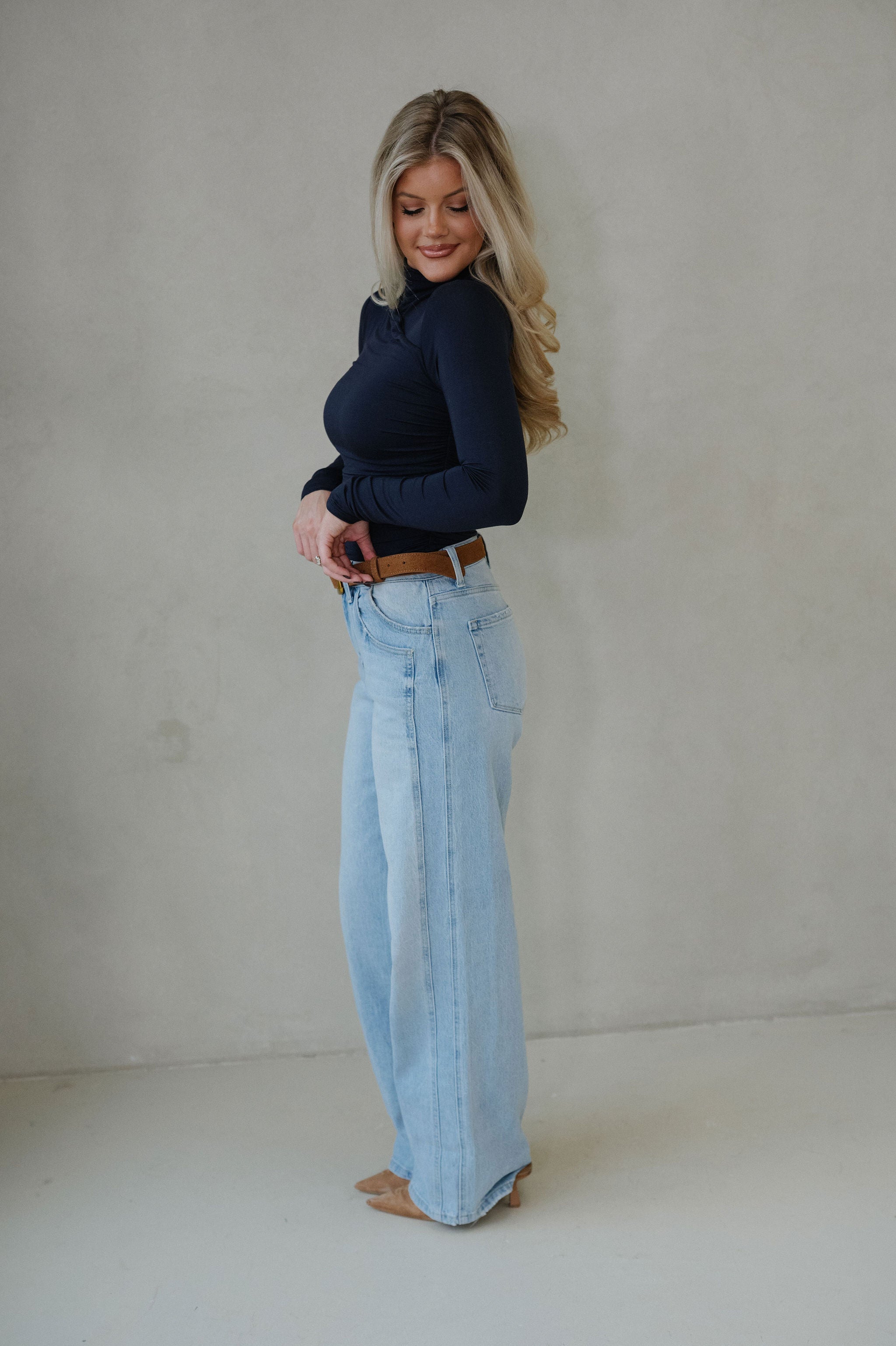 Ivy Asymmetric Mock Neck Top-Dark Navy