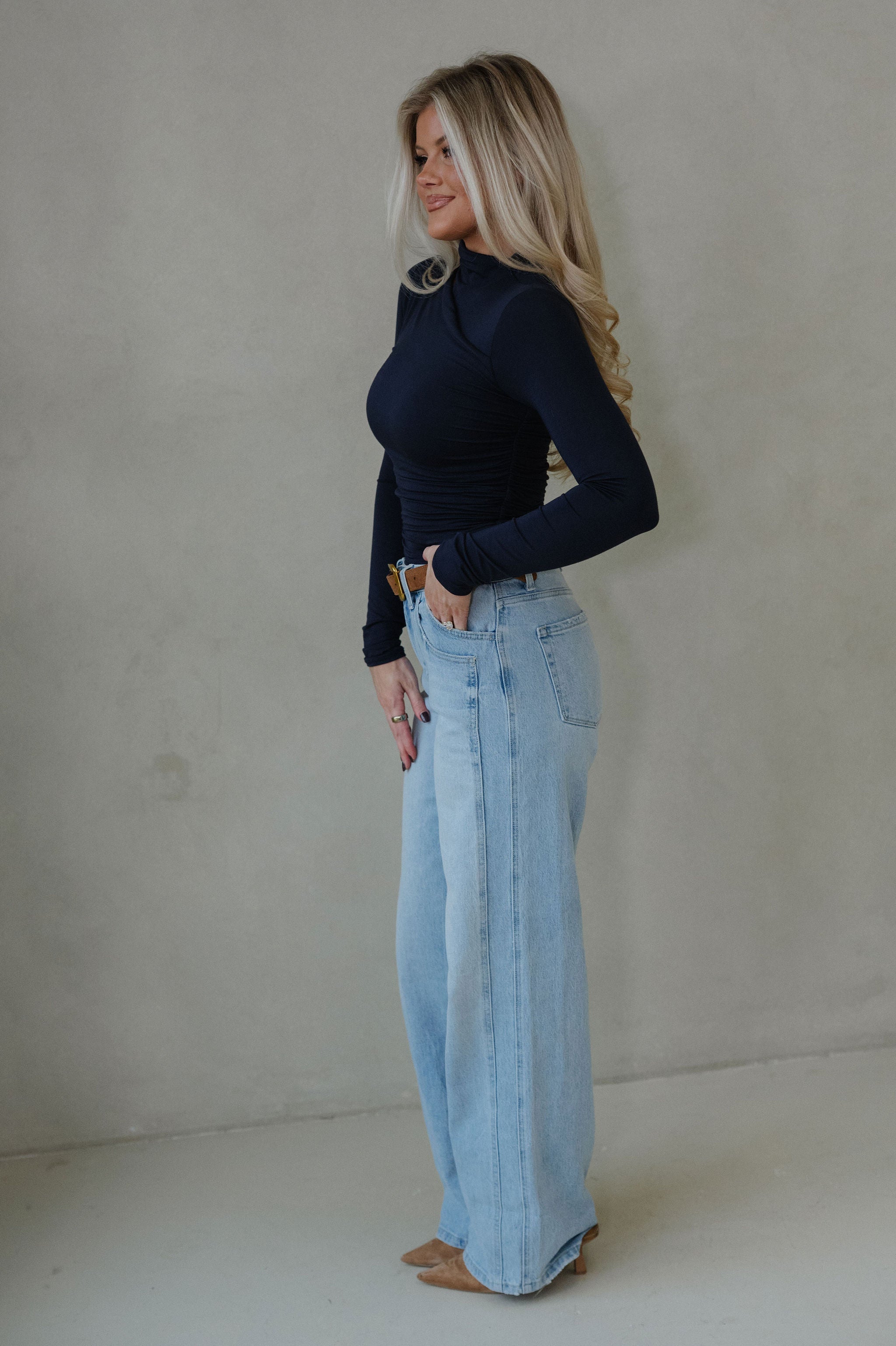 Ivy Asymmetric Mock Neck Top-Dark Navy