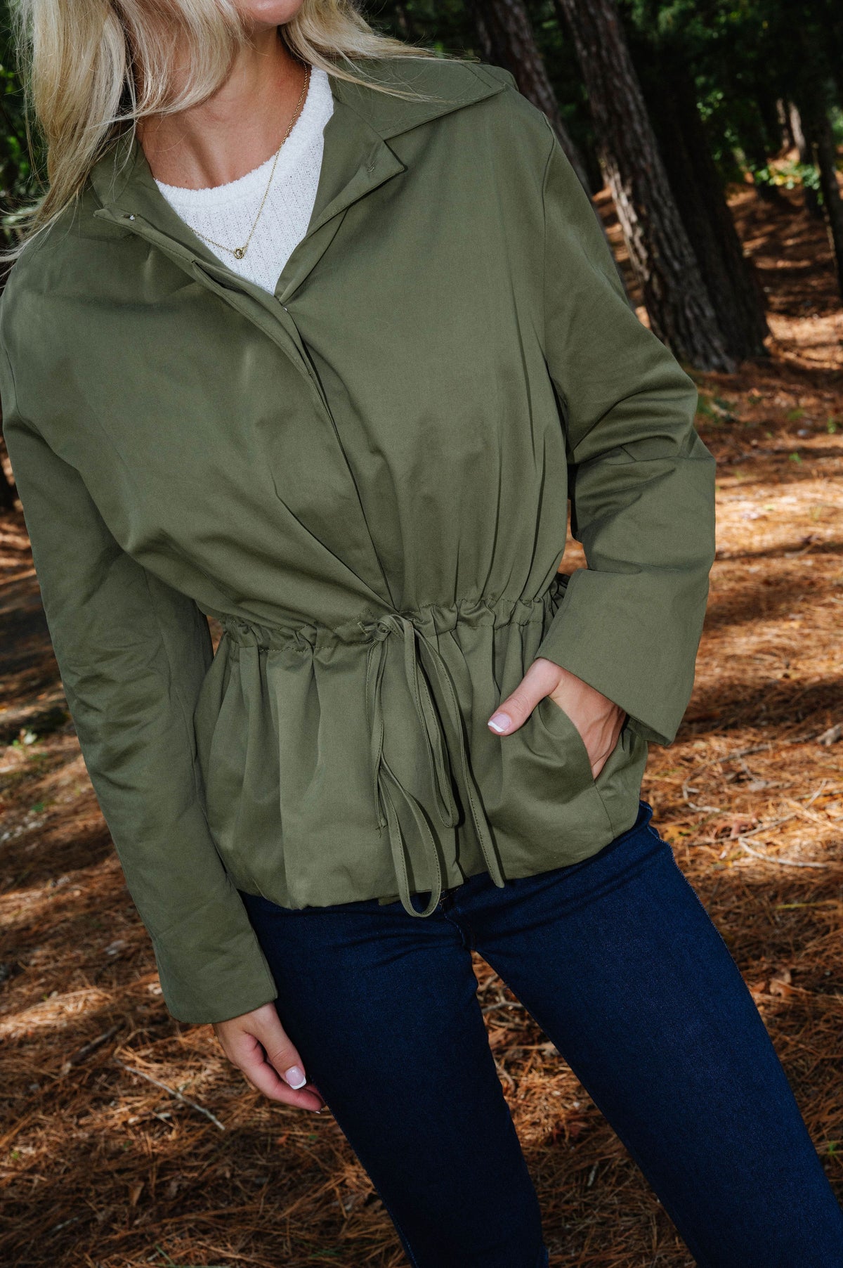 Olivia Drawstring Waist Utility Jacket-Olive