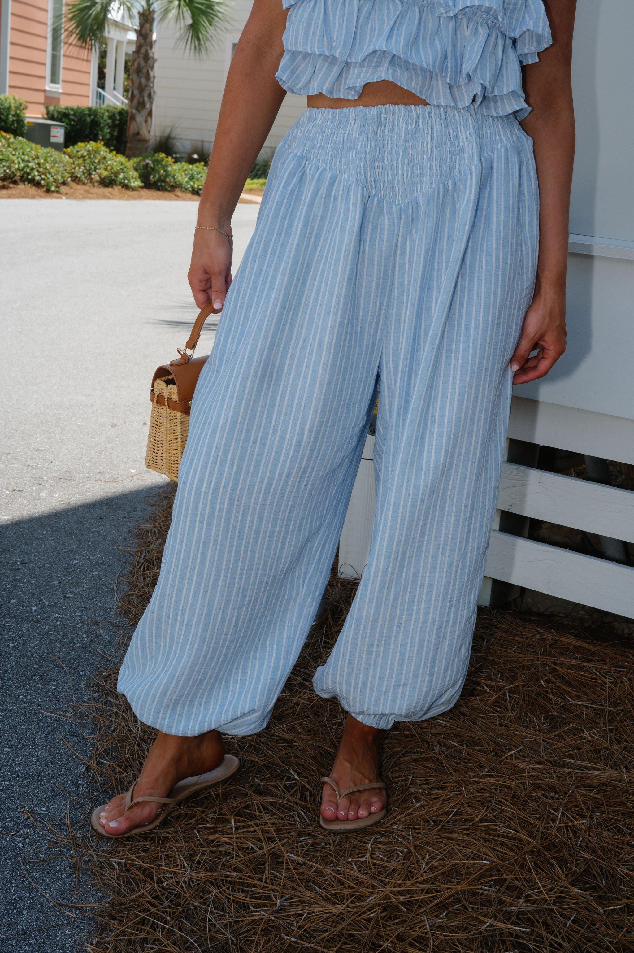 Rue Ruffle Stripe Pants Set-Blue