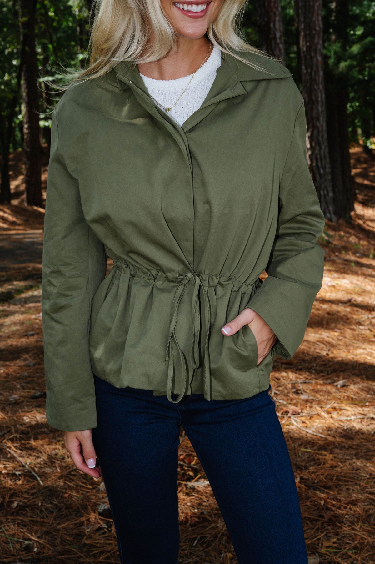 Olivia Drawstring Waist Utility Jacket-Olive