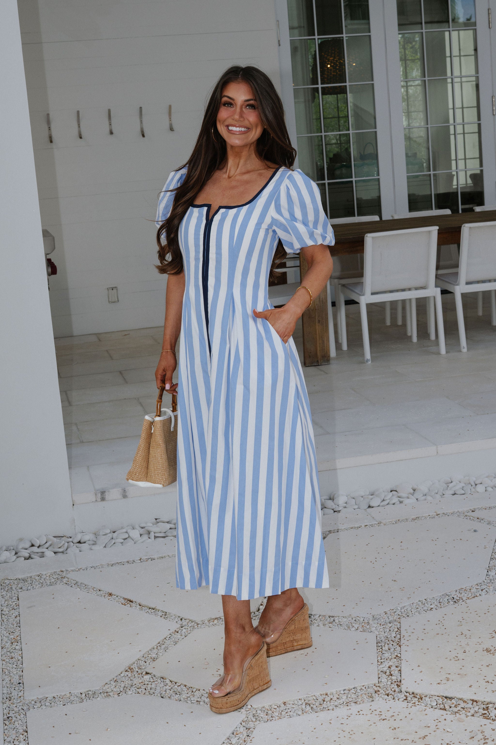 Kady Puff Sleeve Midi Dress-Blue