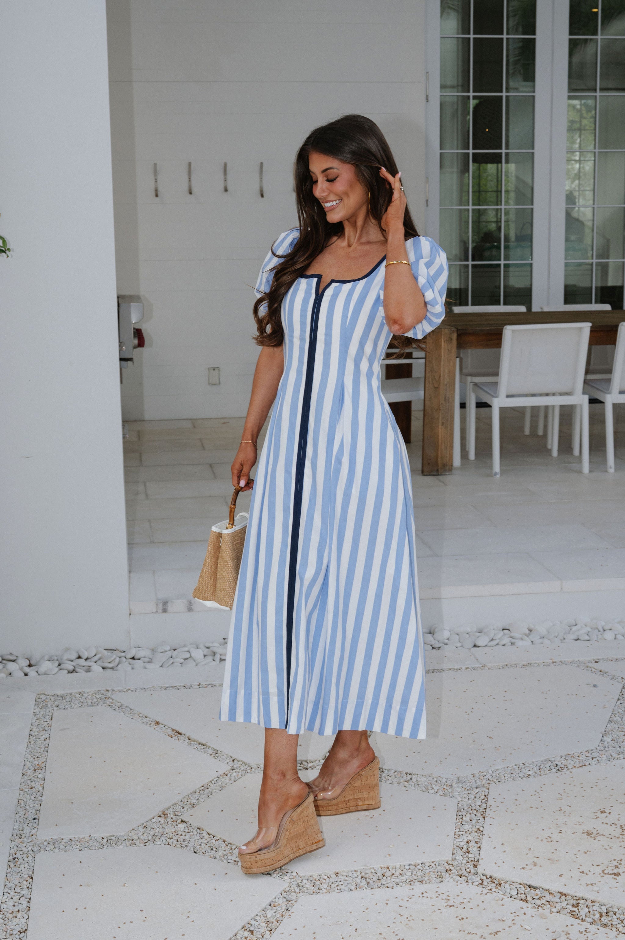 Kady Puff Sleeve Midi Dress-Blue