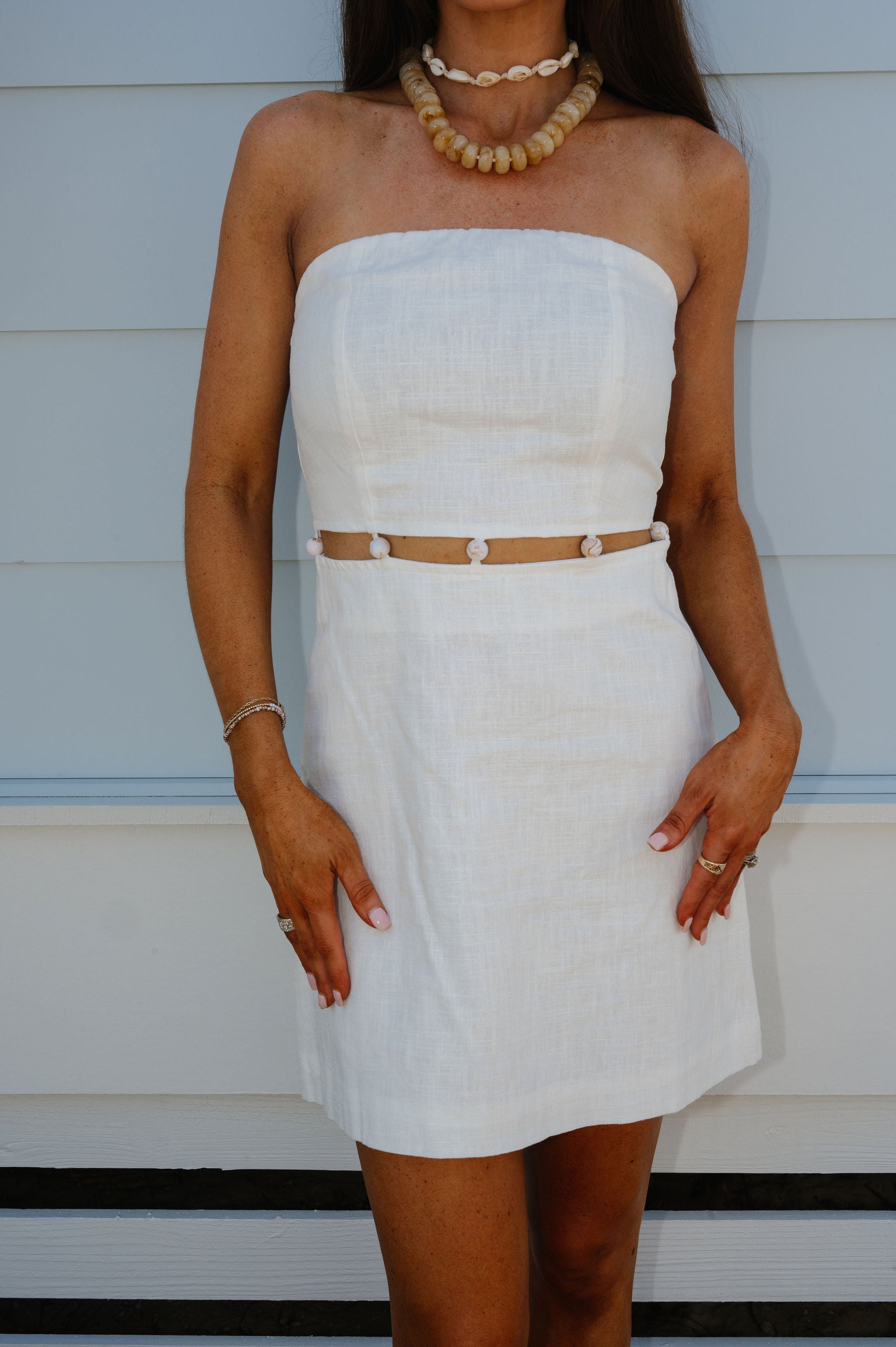 Beaded Strapless Mini Dress-Off White