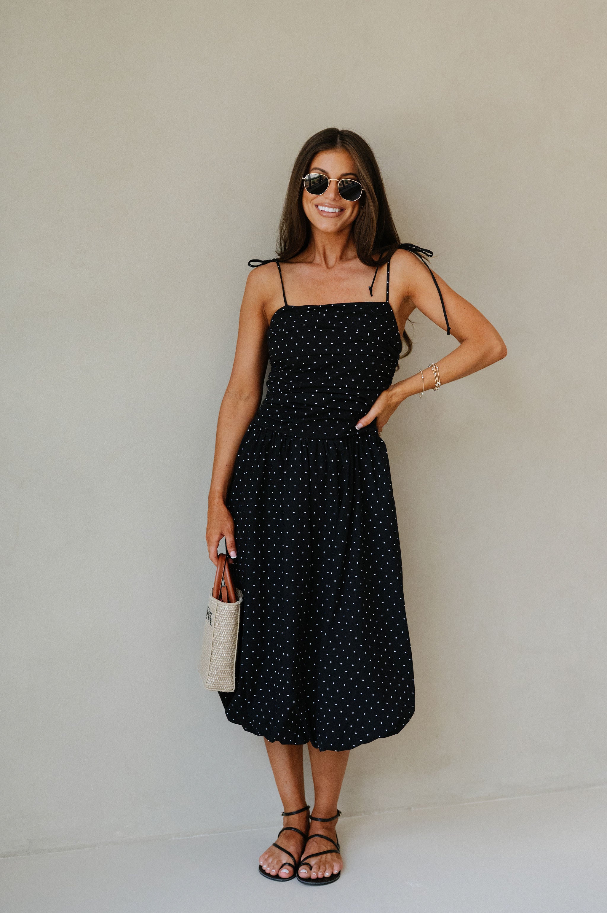 Polka Dot Bubble Hem Dress-Black/White