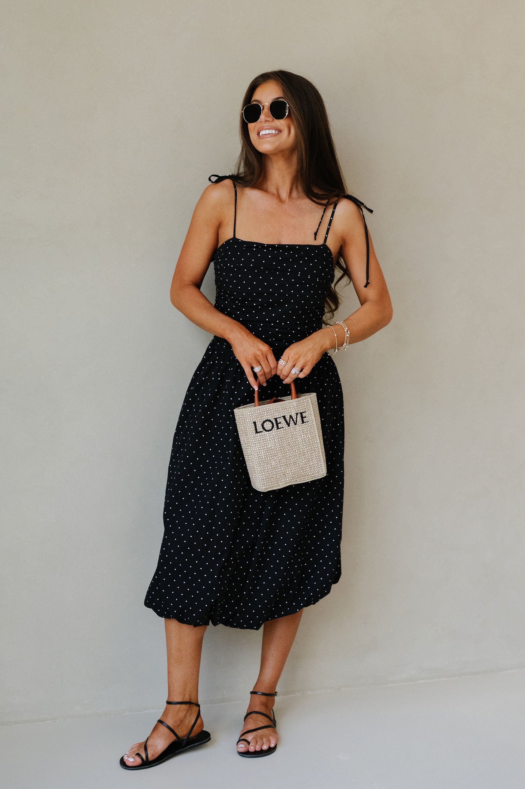 Polka Dot Bubble Hem Dress-Black/White