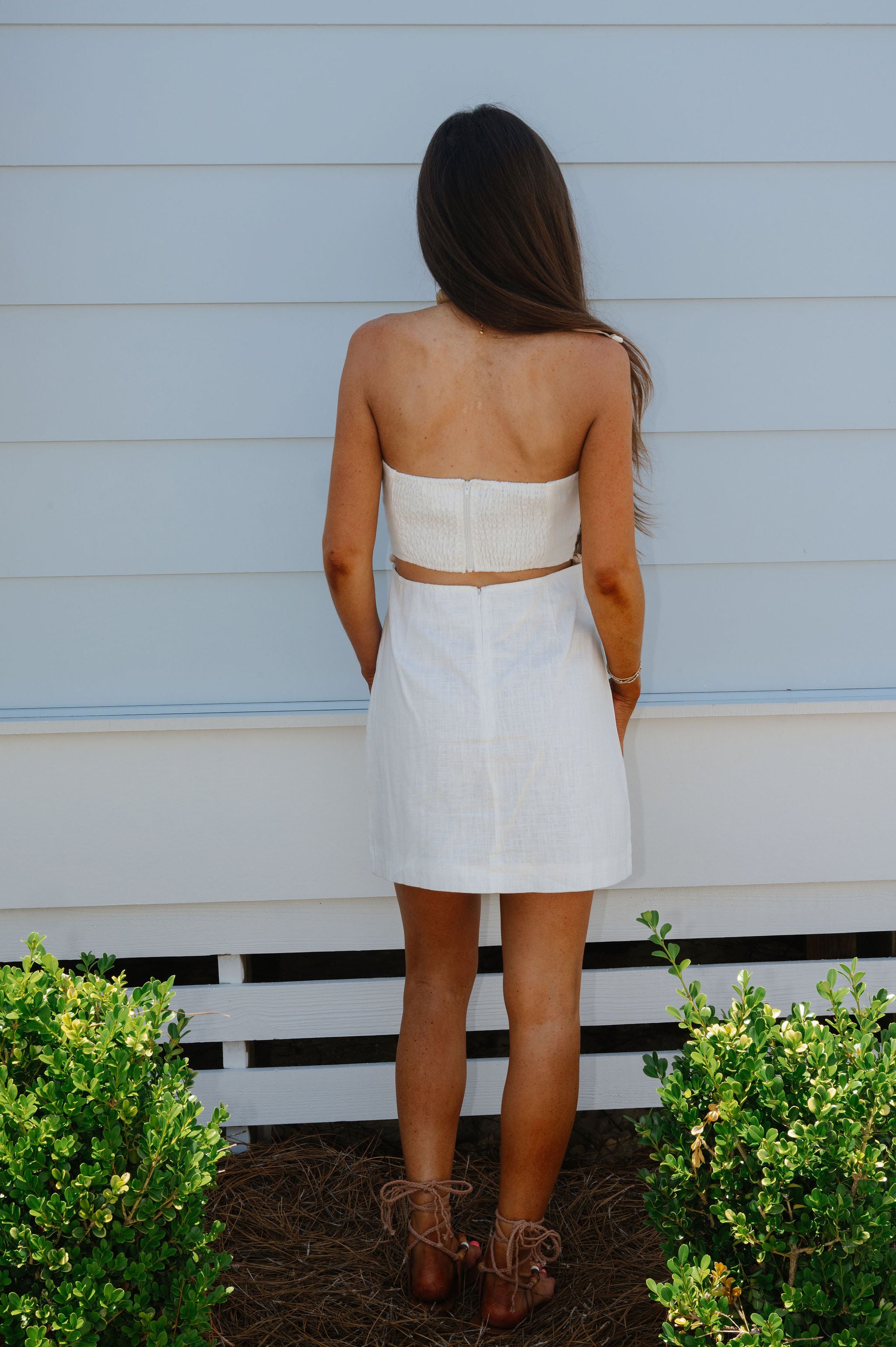 Beaded Strapless Mini Dress-Off White