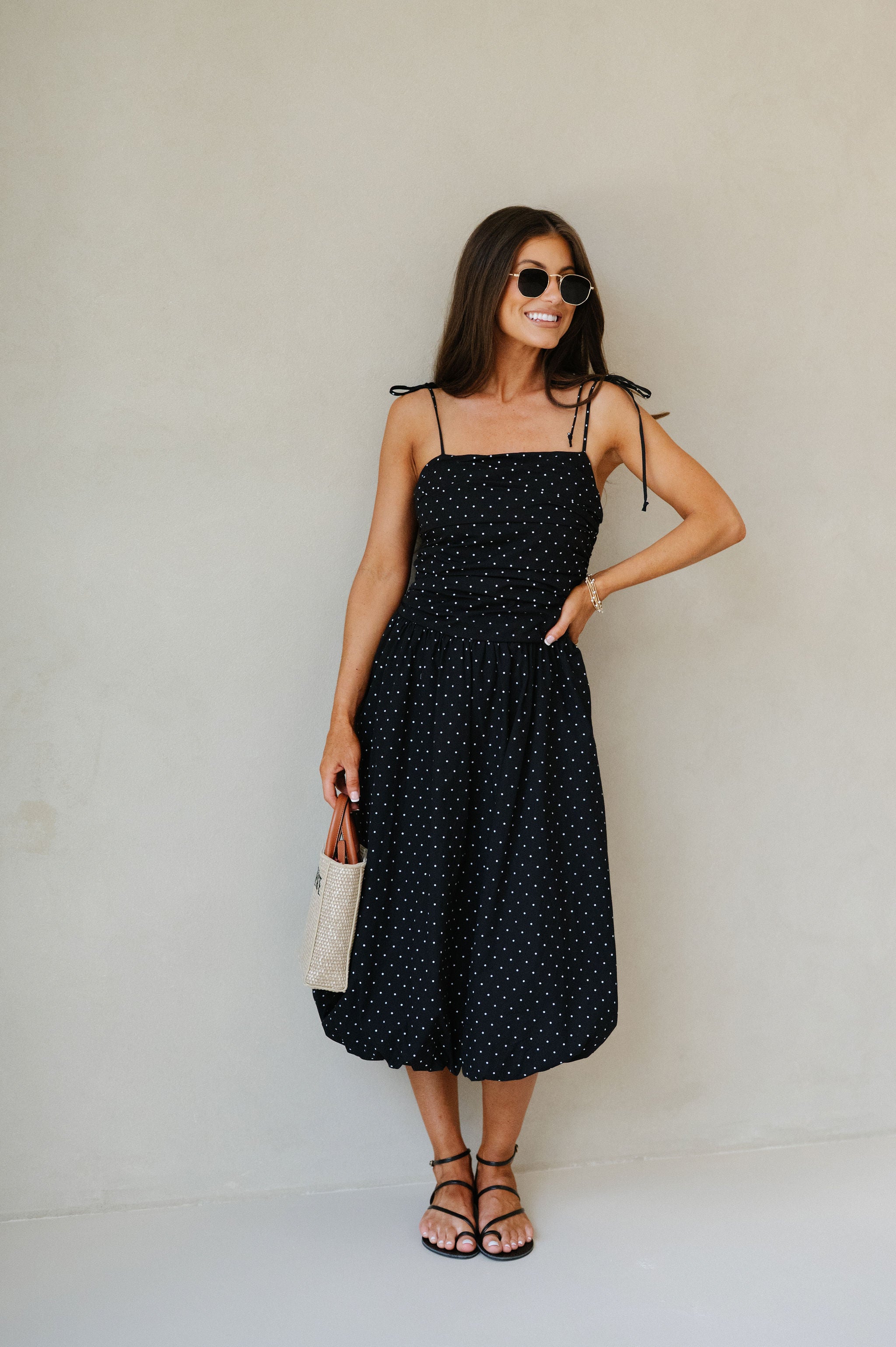 Polka Dot Bubble Hem Dress-Black/White