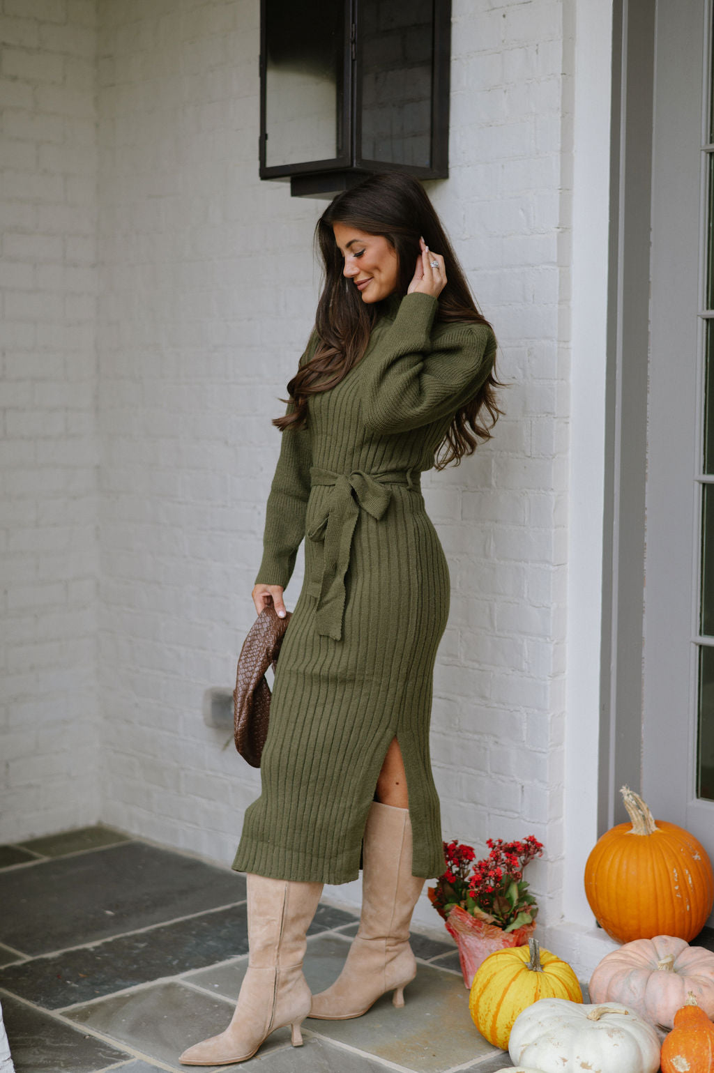 Ribbed Turtleneck Sweater Dress-Olive