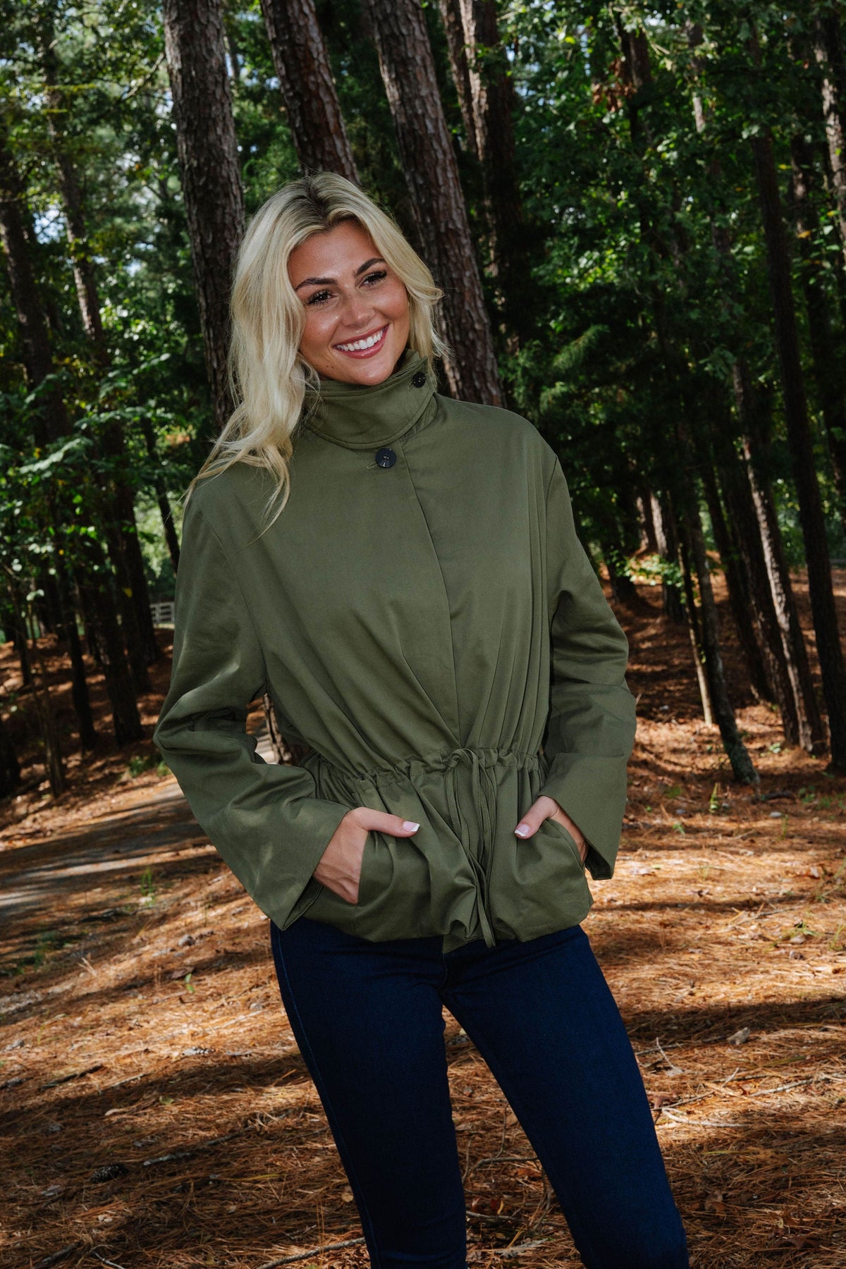Olivia Drawstring Waist Utility Jacket-Olive