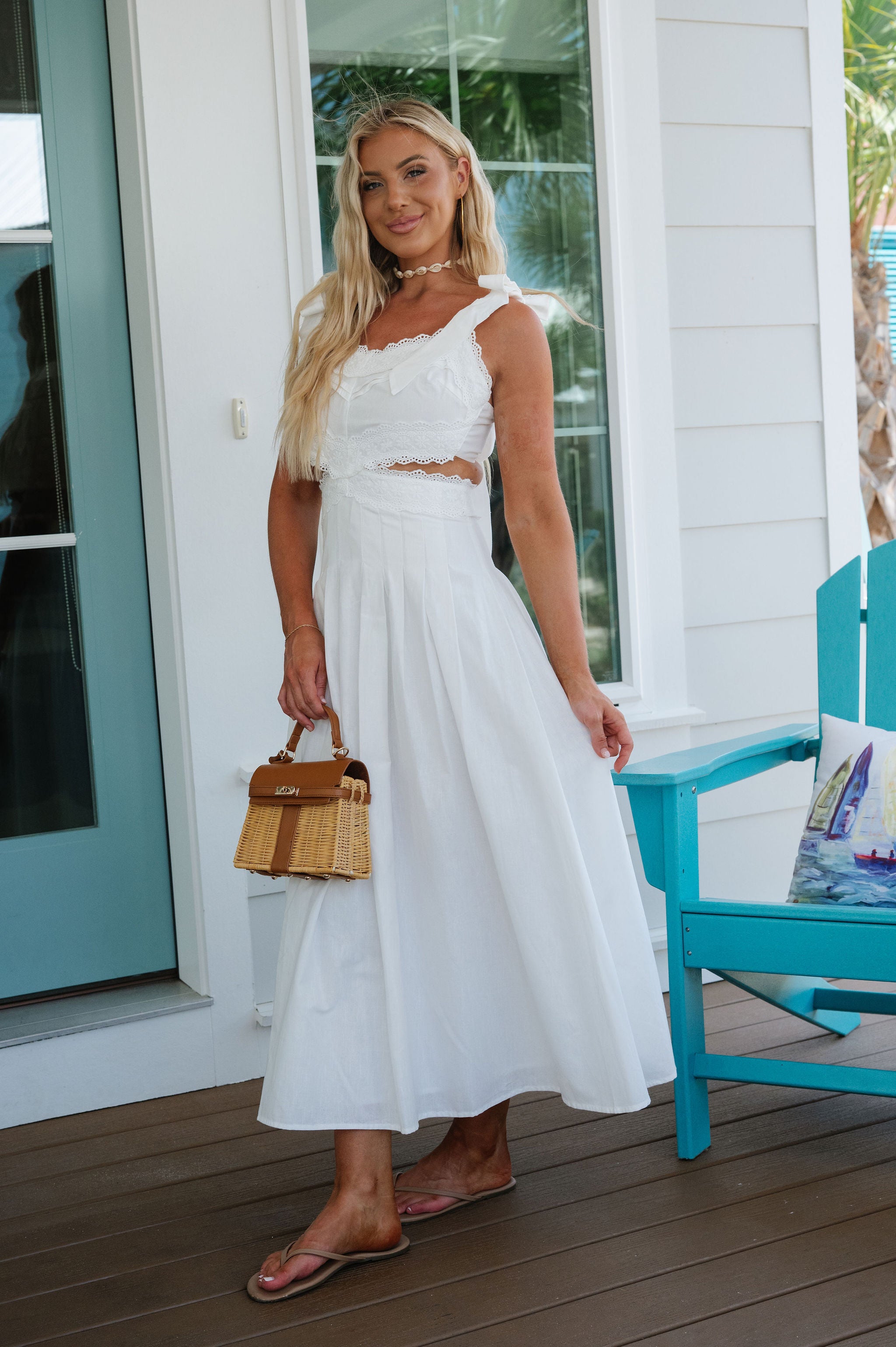 Evie Lace Trim Midi Dress-Off White