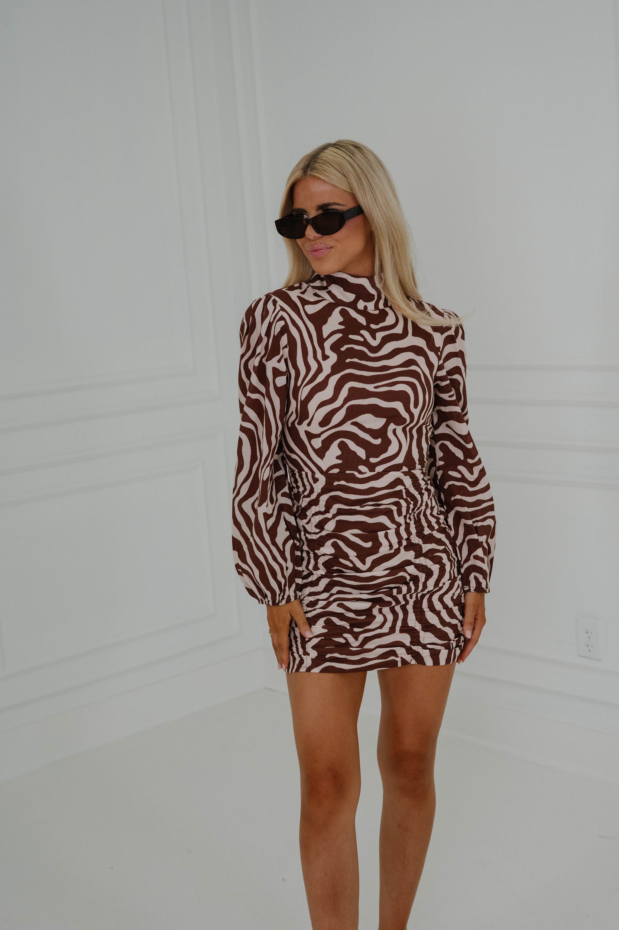 PREORDER//Maren Ruched Mini Dress-Brown Zebra//SHIPPING BY 8/5