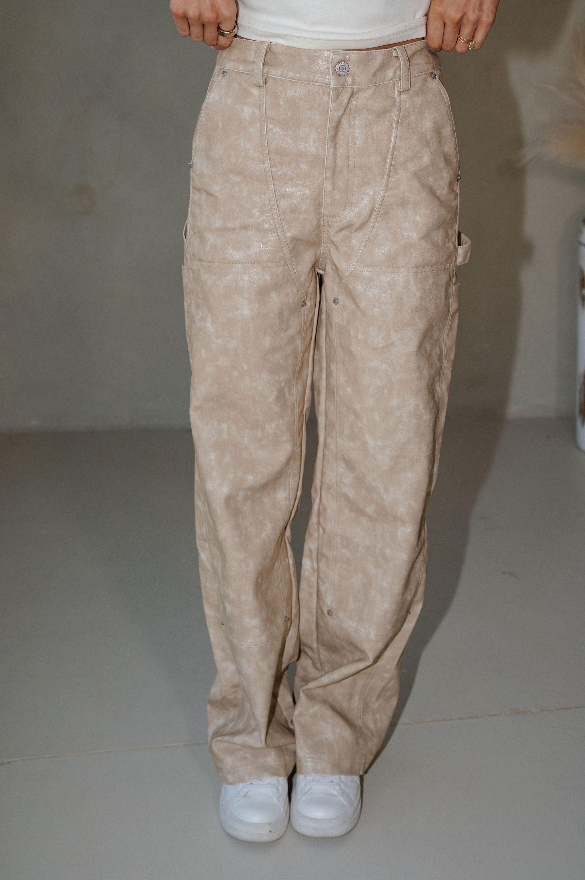 Mable Faux Leather Pants-Beige
