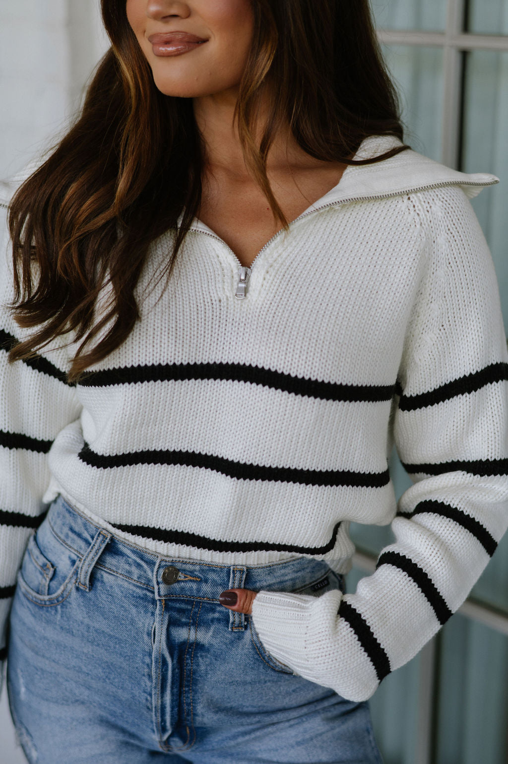 Odette Quarter Zip Sweater- Ivory/Black