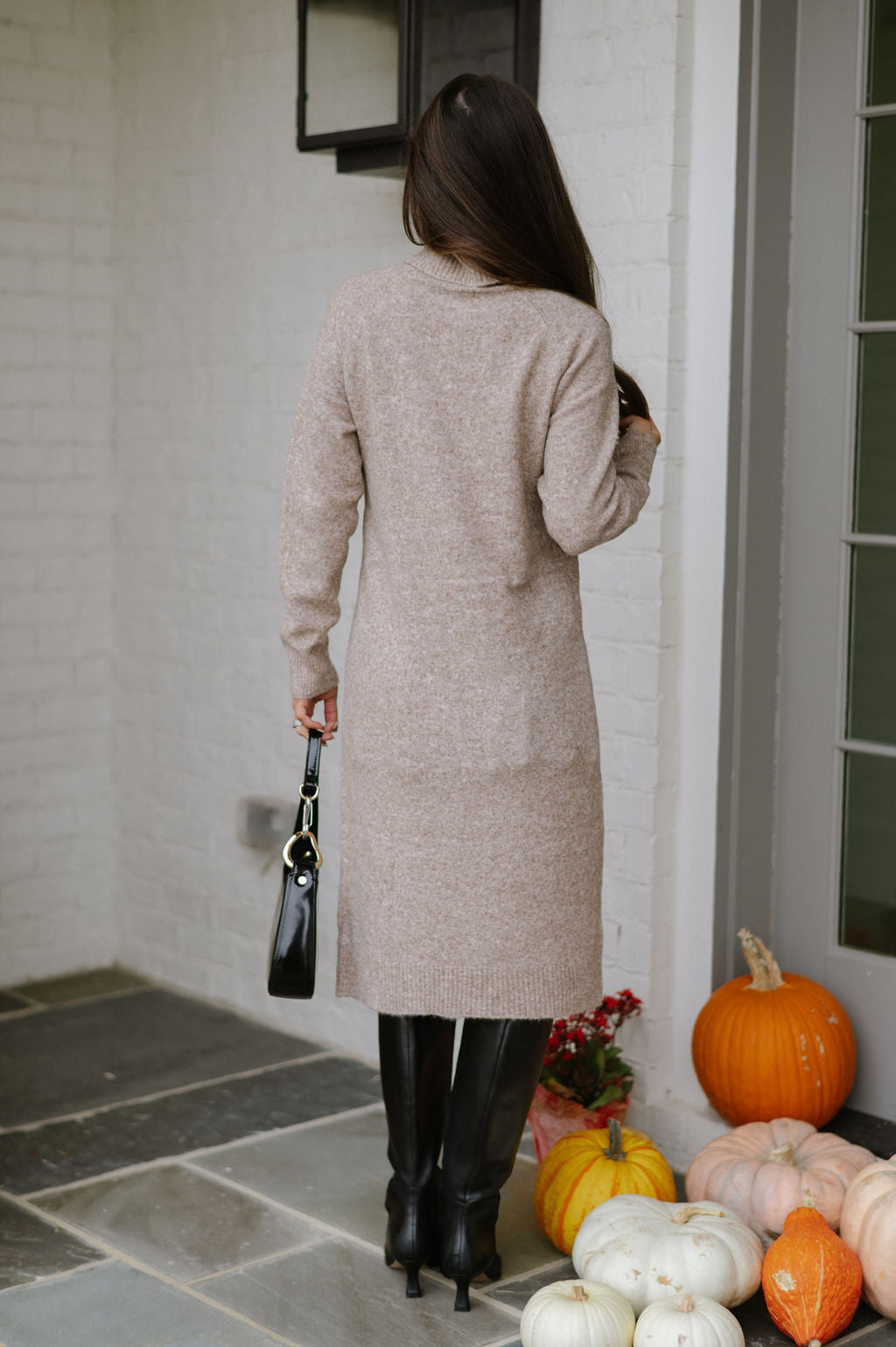 Side Slit Long Turtleneck Sweater-Taupe