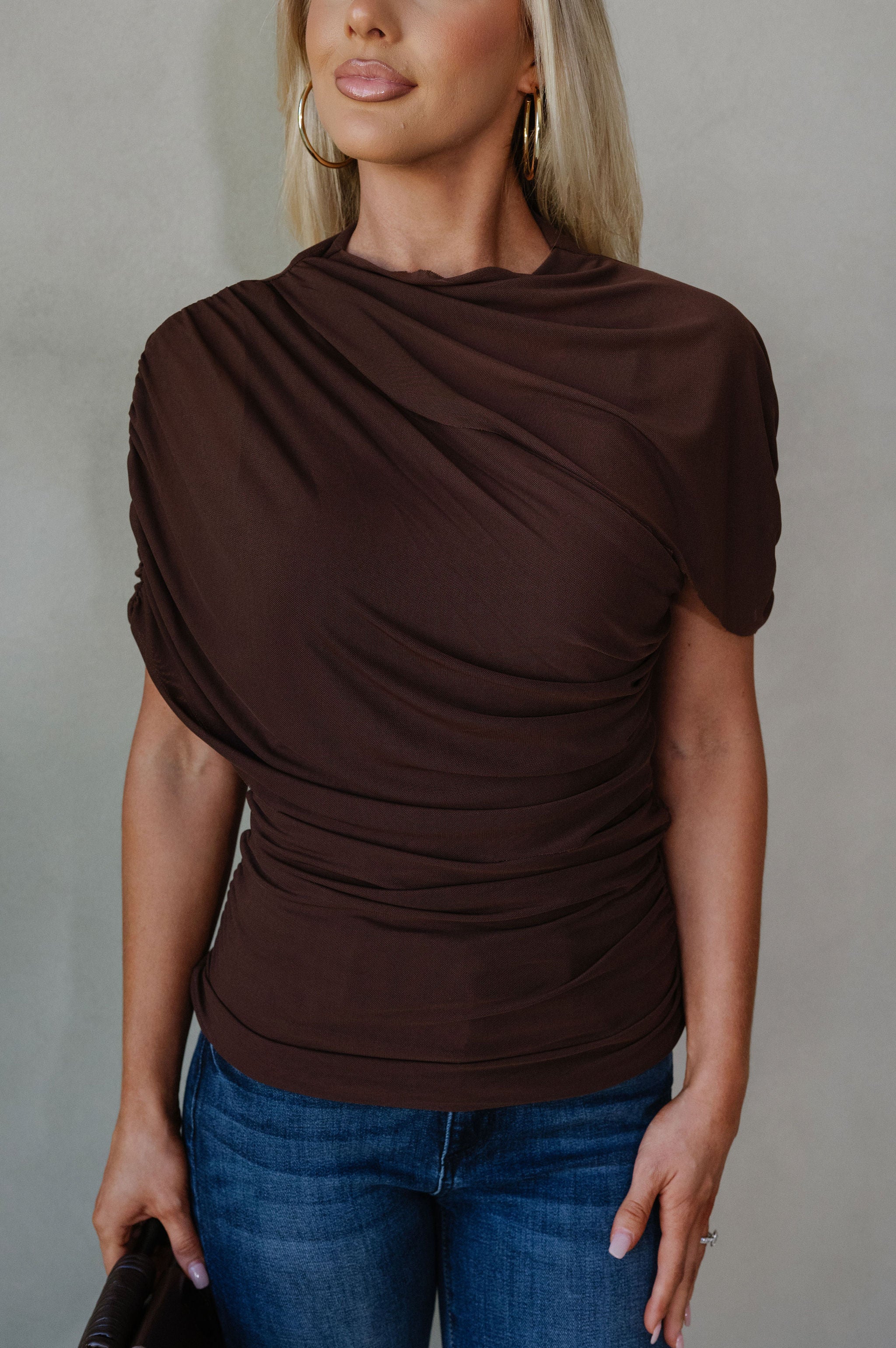 Mesh Mock Neck Top-Chocolate
