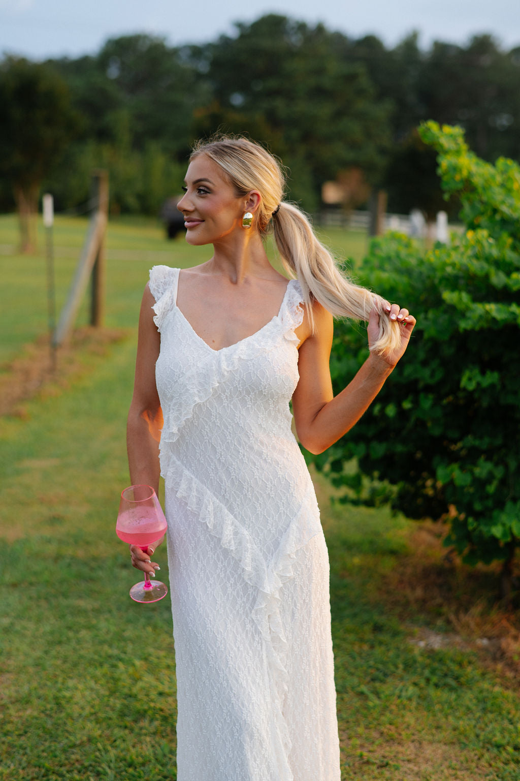 Ruffle Lace Front Slit Dress-White