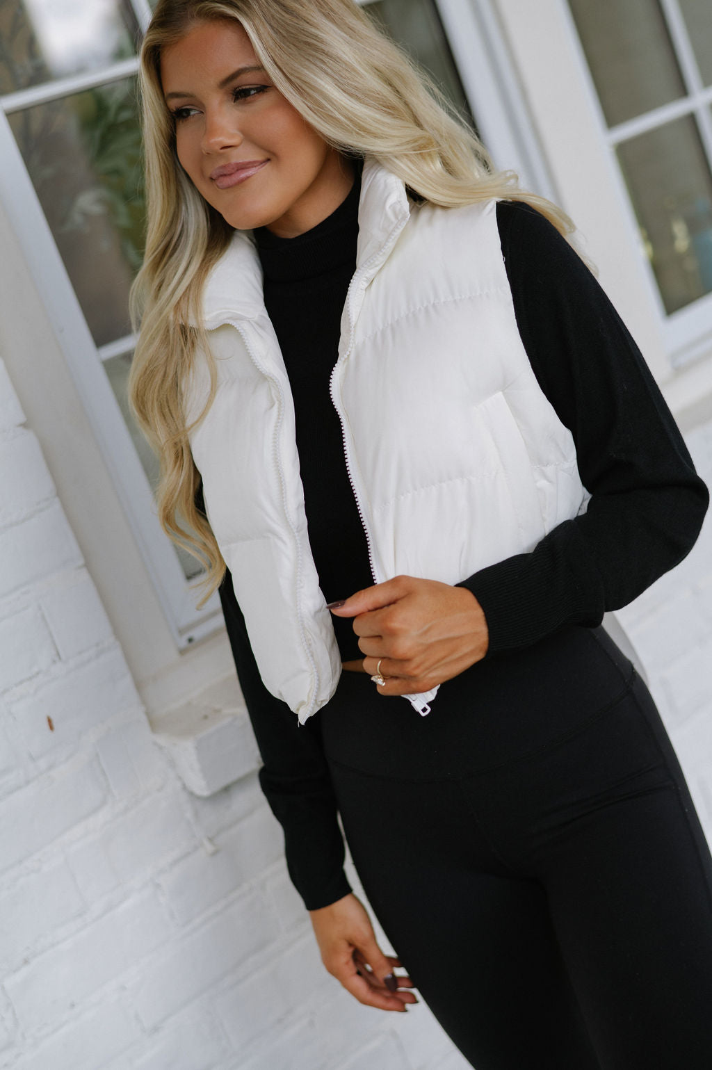 Sutton Back Bow Puffer Vest-Ivory