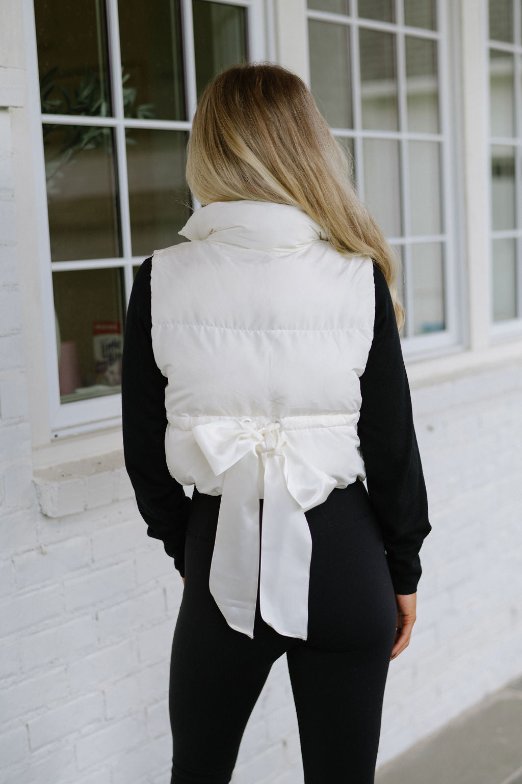 Sutton Back Bow Puffer Vest-Ivory