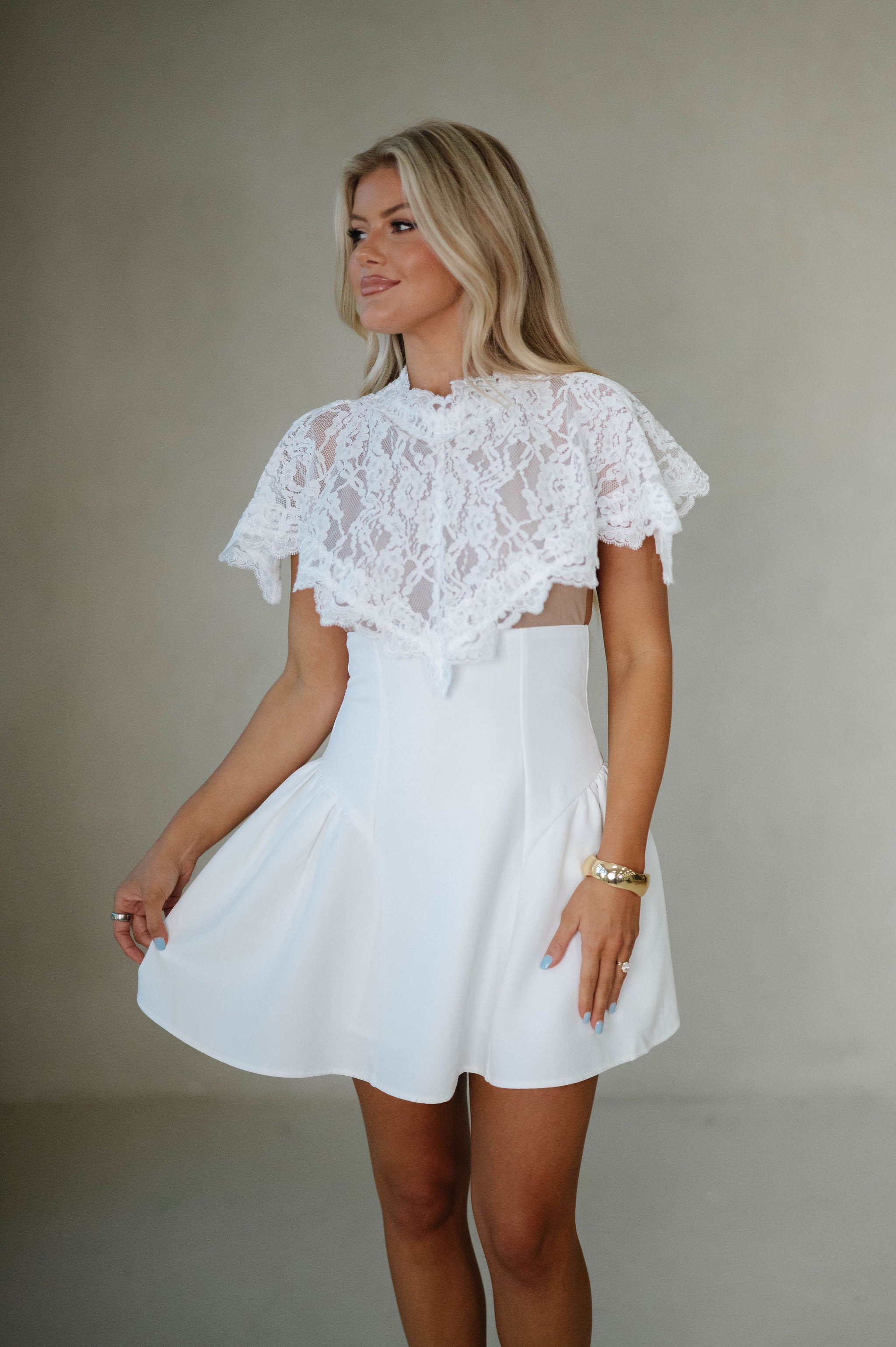 Lace Overlay Mini Dress-Off White/Nude