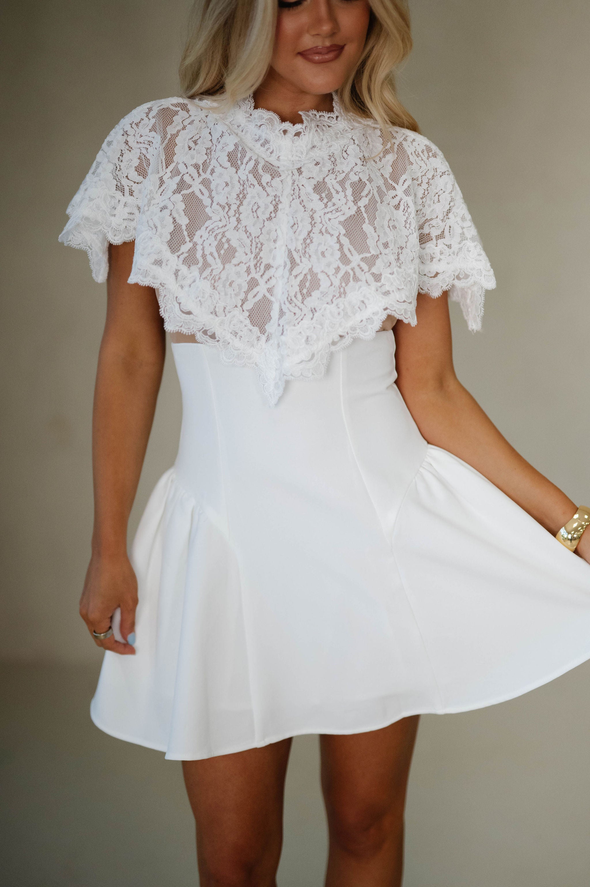 Lace Overlay Mini Dress-Off White/Nude