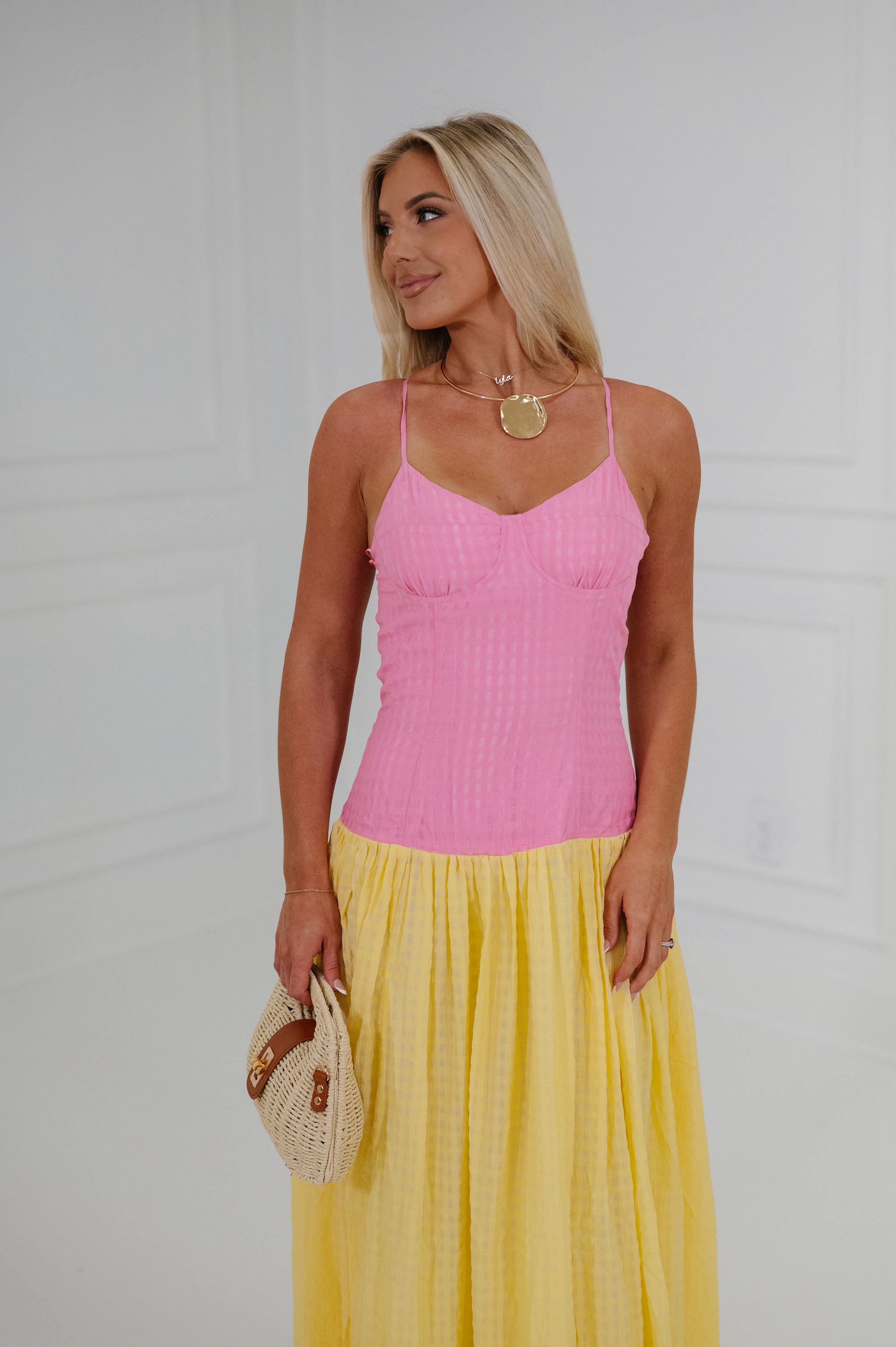 Plaid Low Waisted Maxi Dress-Pink/Yellow