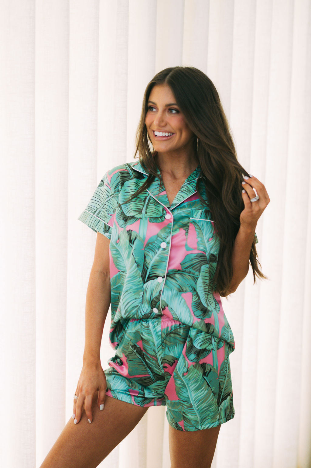 Tropical Pajama Shorts Set Green Pink X SMALL ONLY