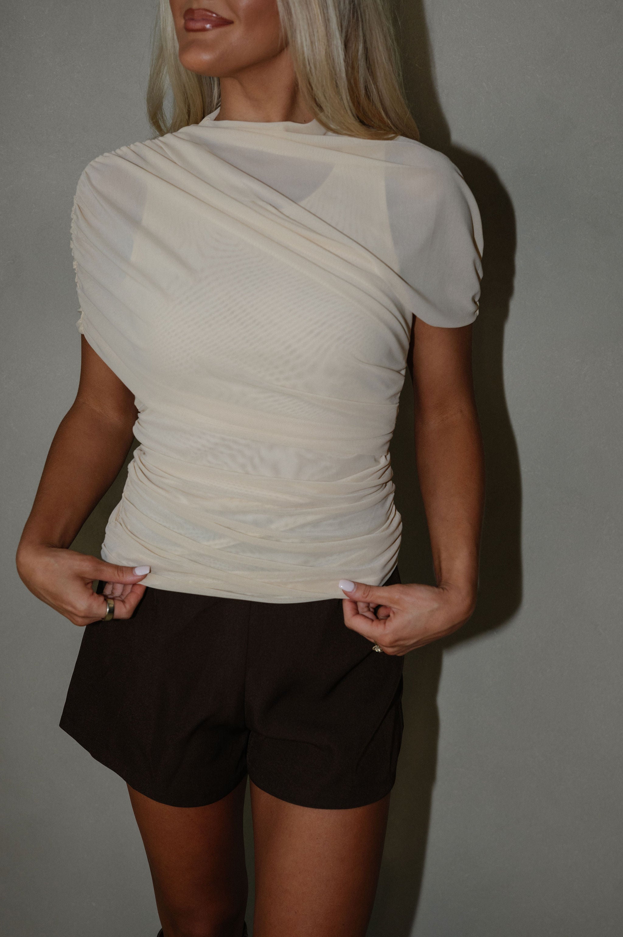 Mesh Mock Neck Top-Cream