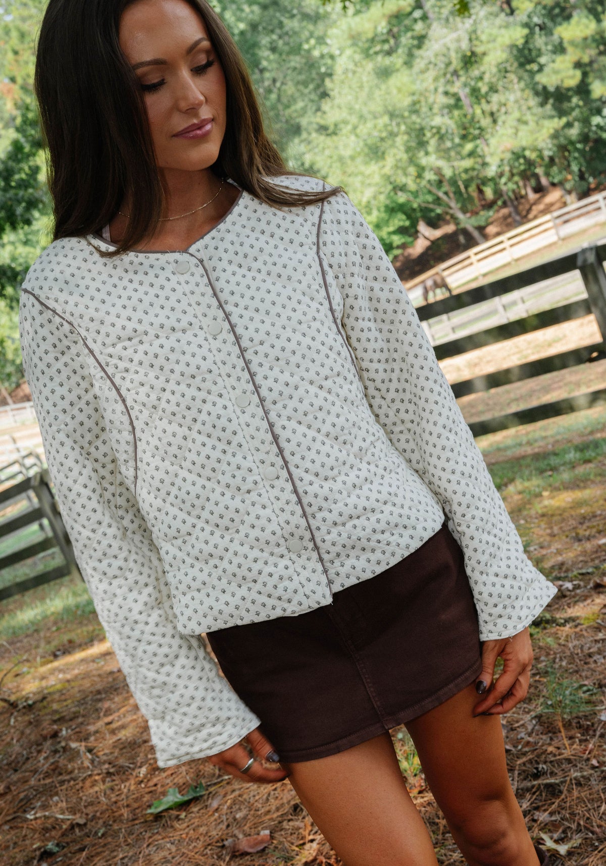 Ditsy Print Quilted Jacket-Cream