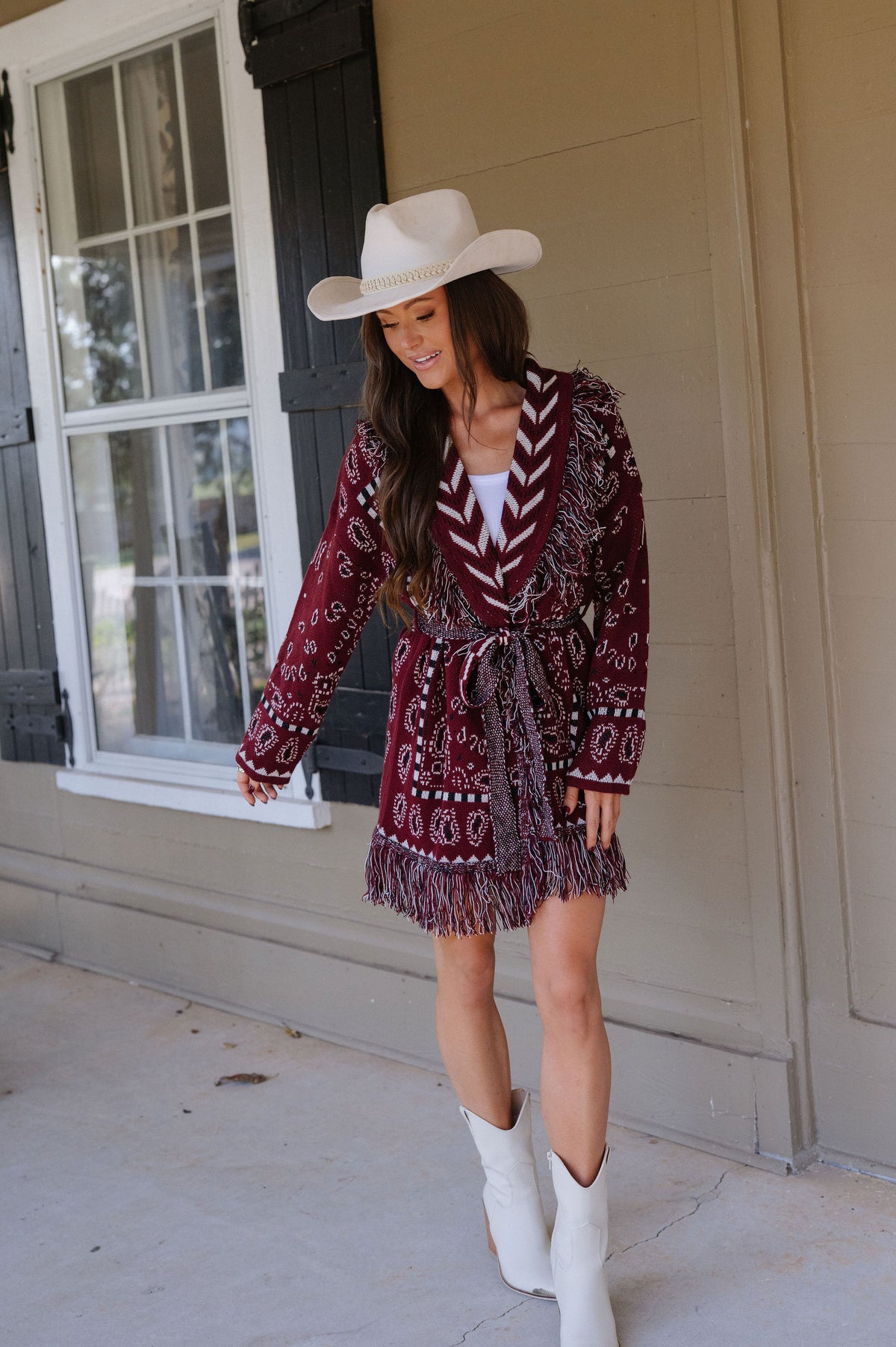 Zara Bandana Pattern Fringed Cardigan-Burgundy