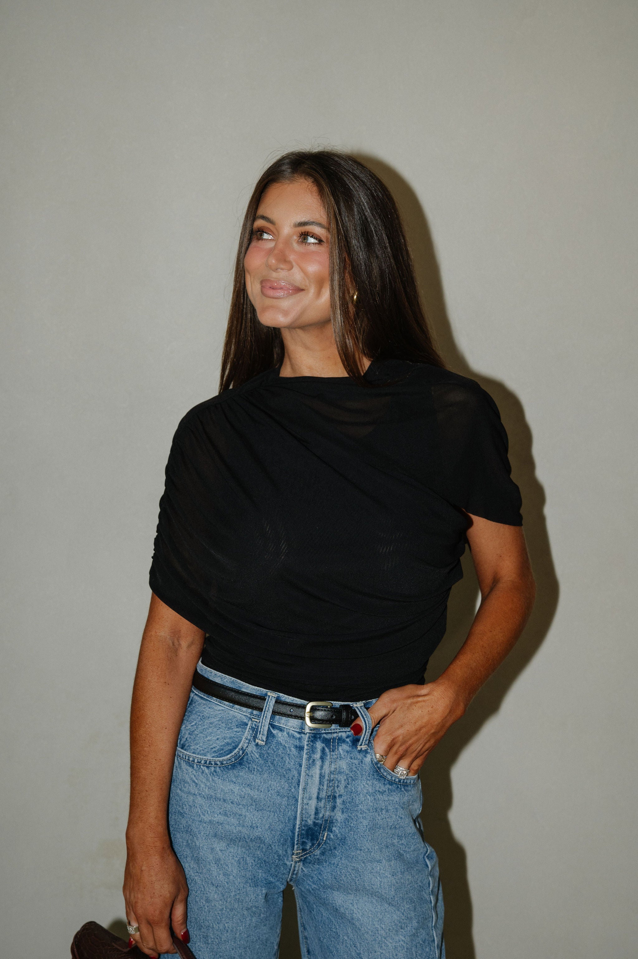 Mesh Mock Neck Top-Black