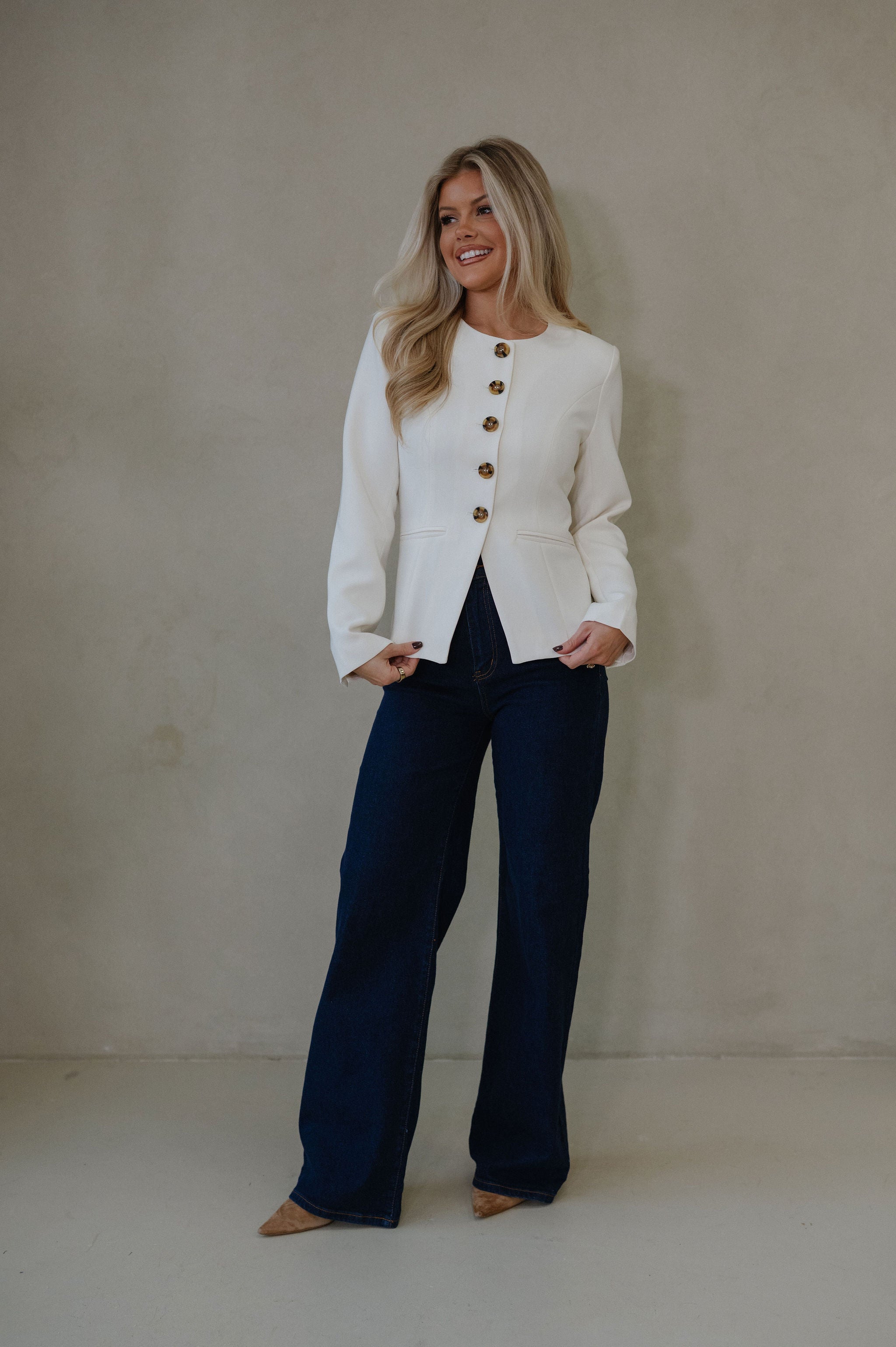 Jill Crew Neck Blazer Top-Ivory