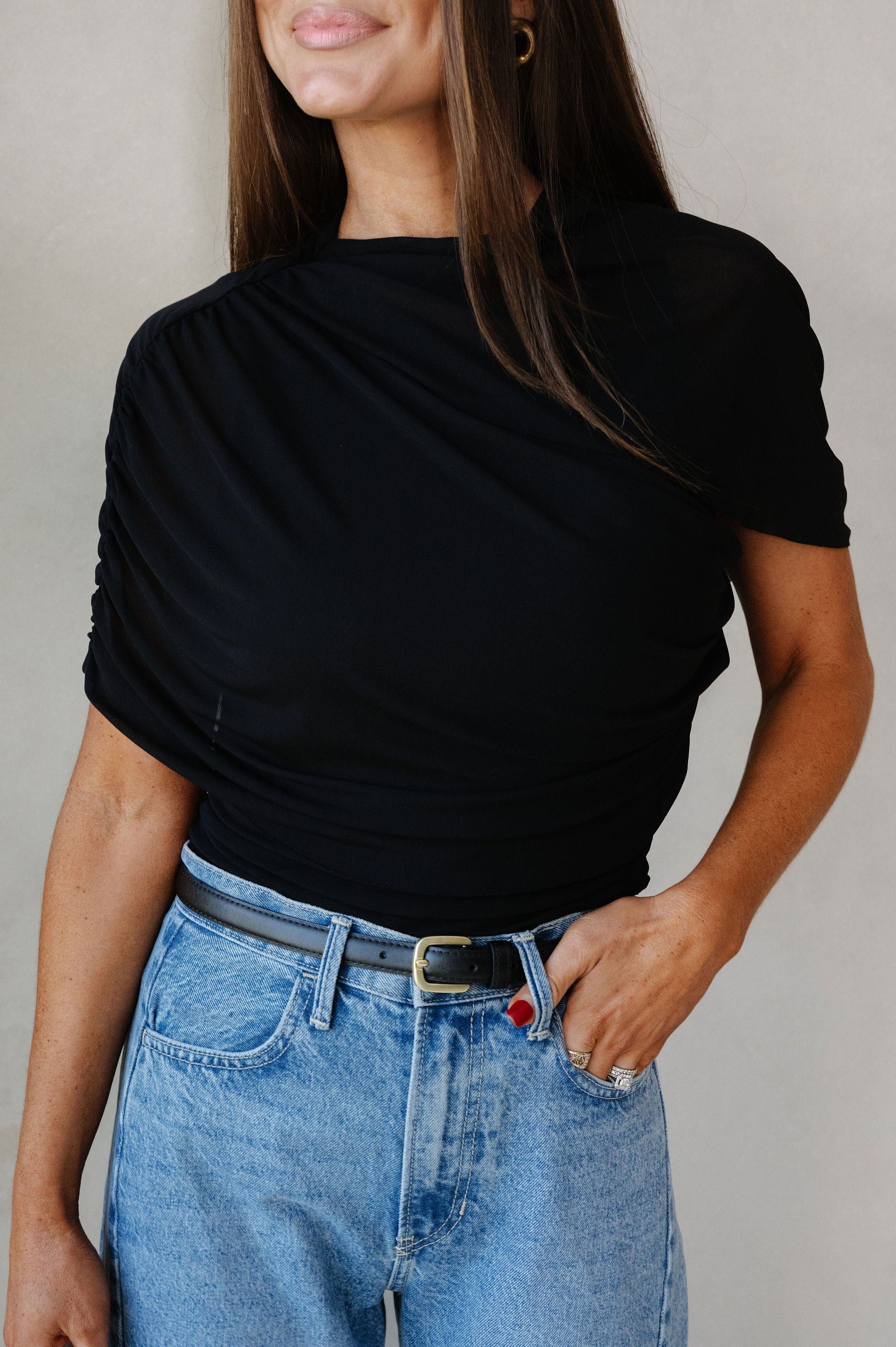Mesh Mock Neck Top-Black
