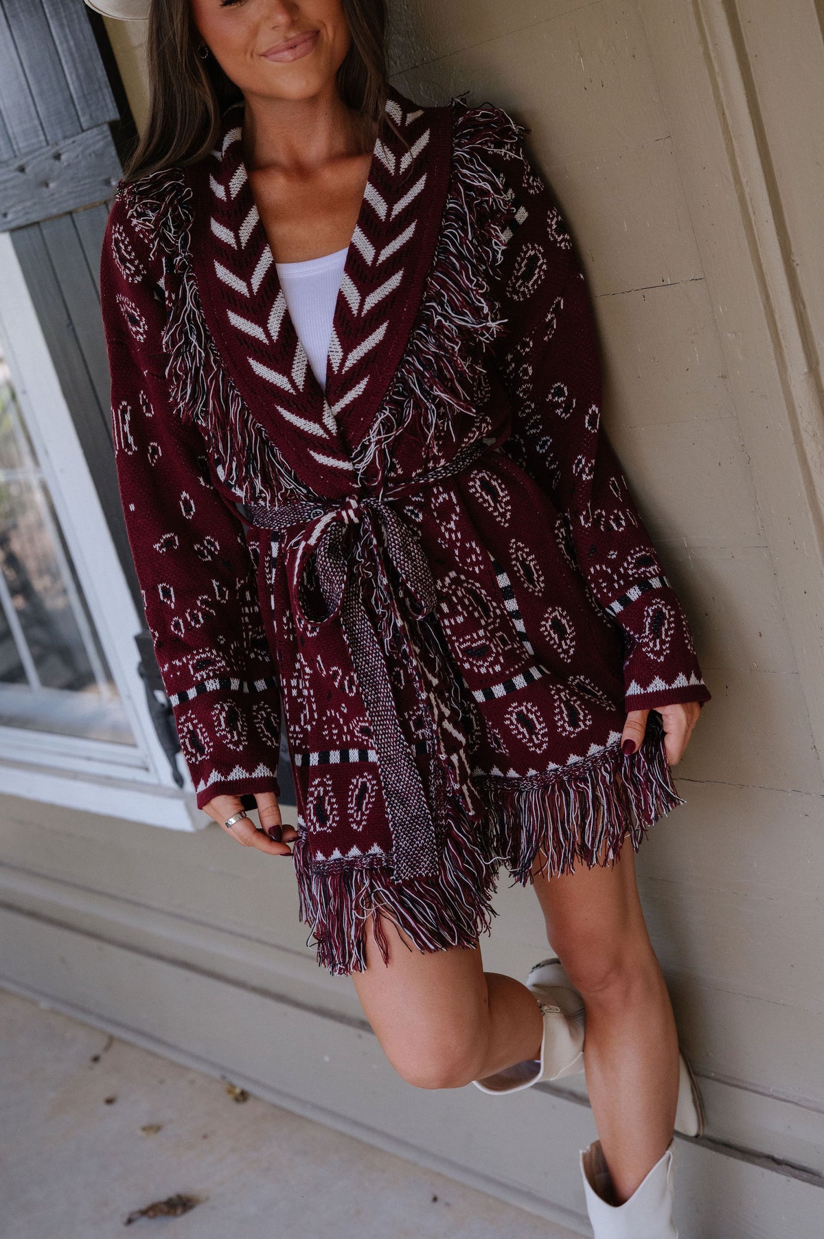Zara Bandana Pattern Fringed Cardigan-Burgundy