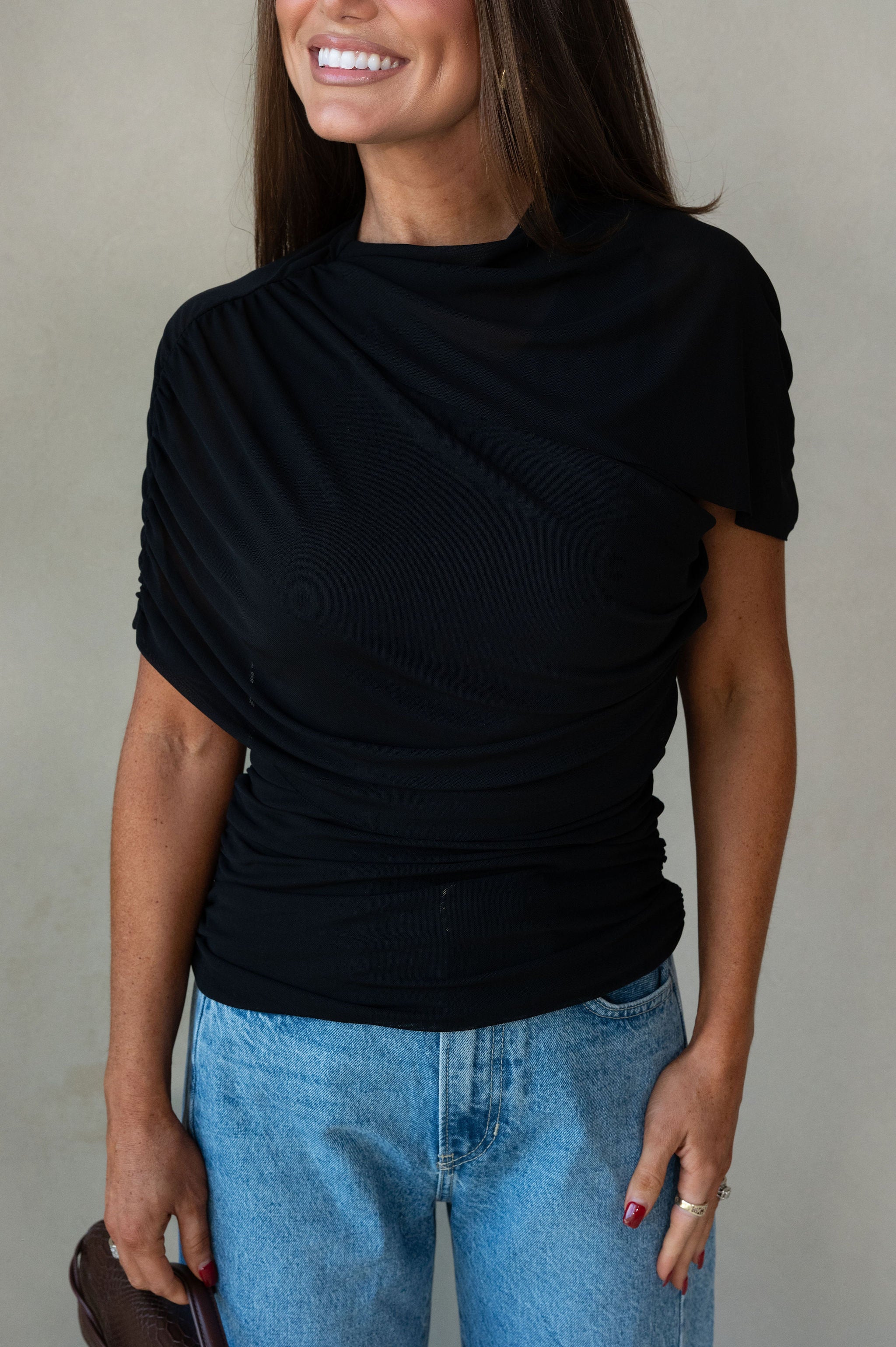Mesh Mock Neck Top-Black