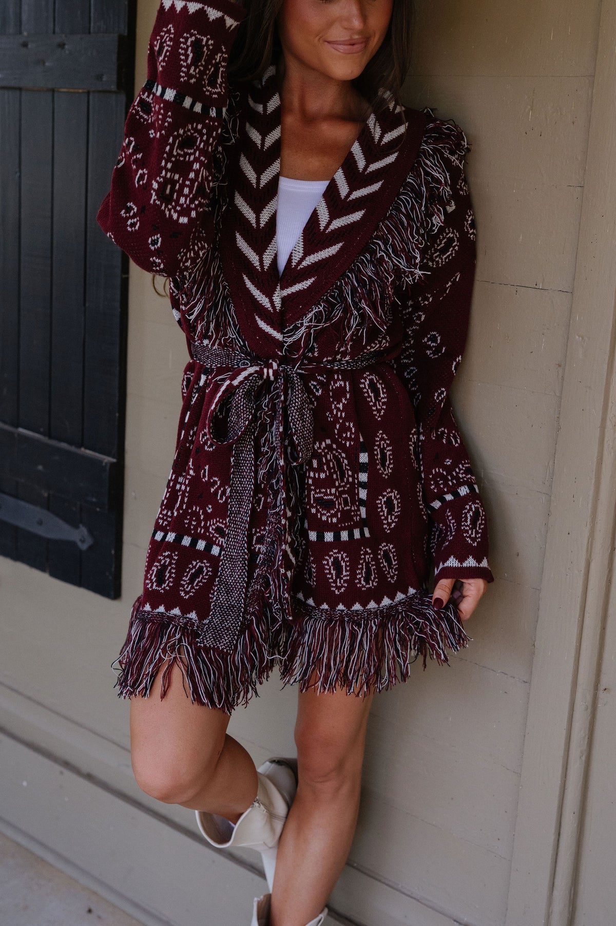 Zara Bandana Pattern Fringed Cardigan-Burgundy