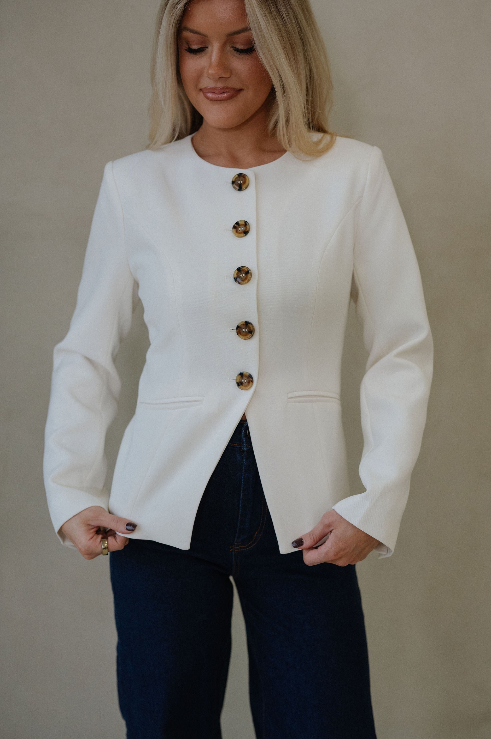 Jill Crew Neck Blazer Top-Ivory