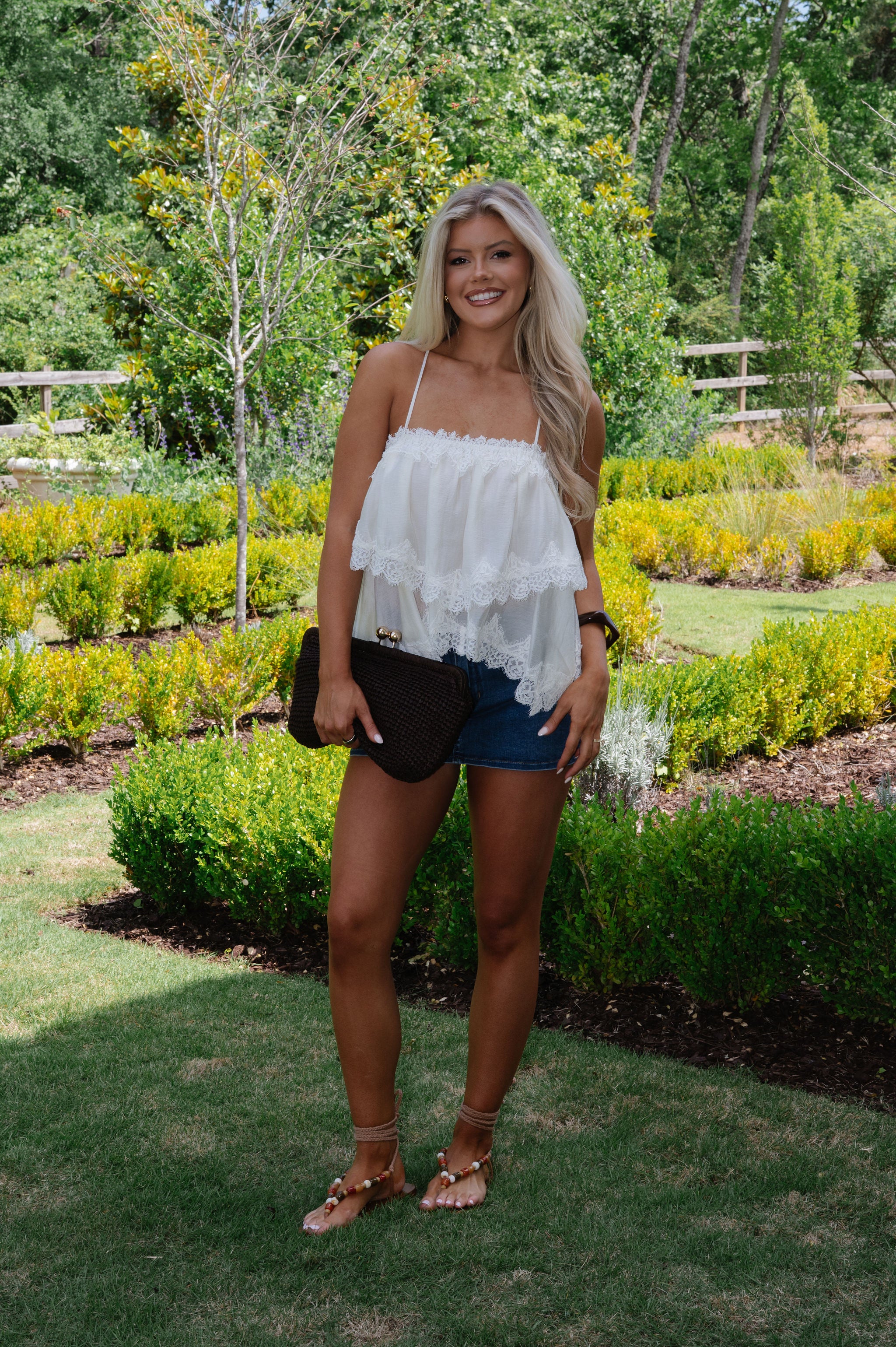 Lace Trim Hemline Tiered Cami Top-Cream