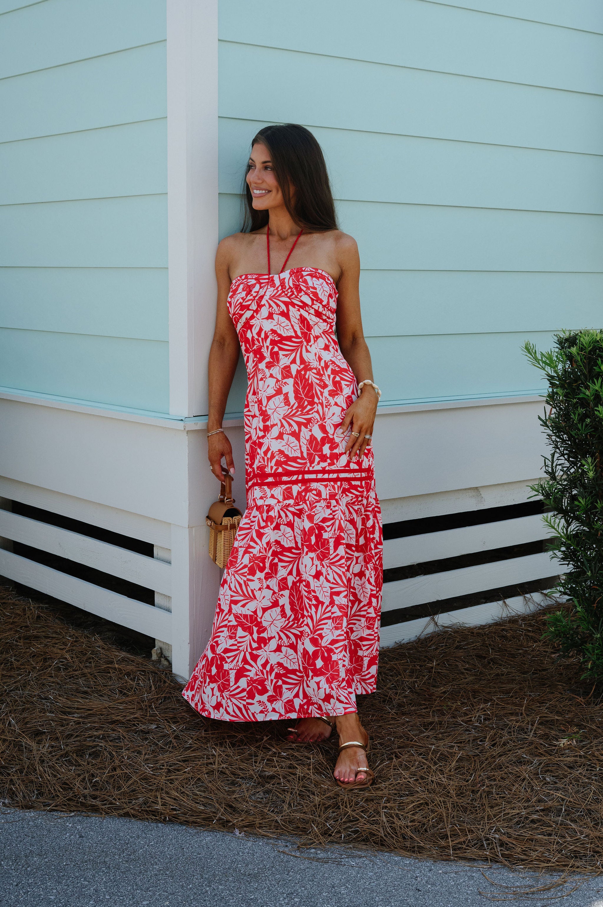 Poppy Tropical Maxi Dress-Red/White