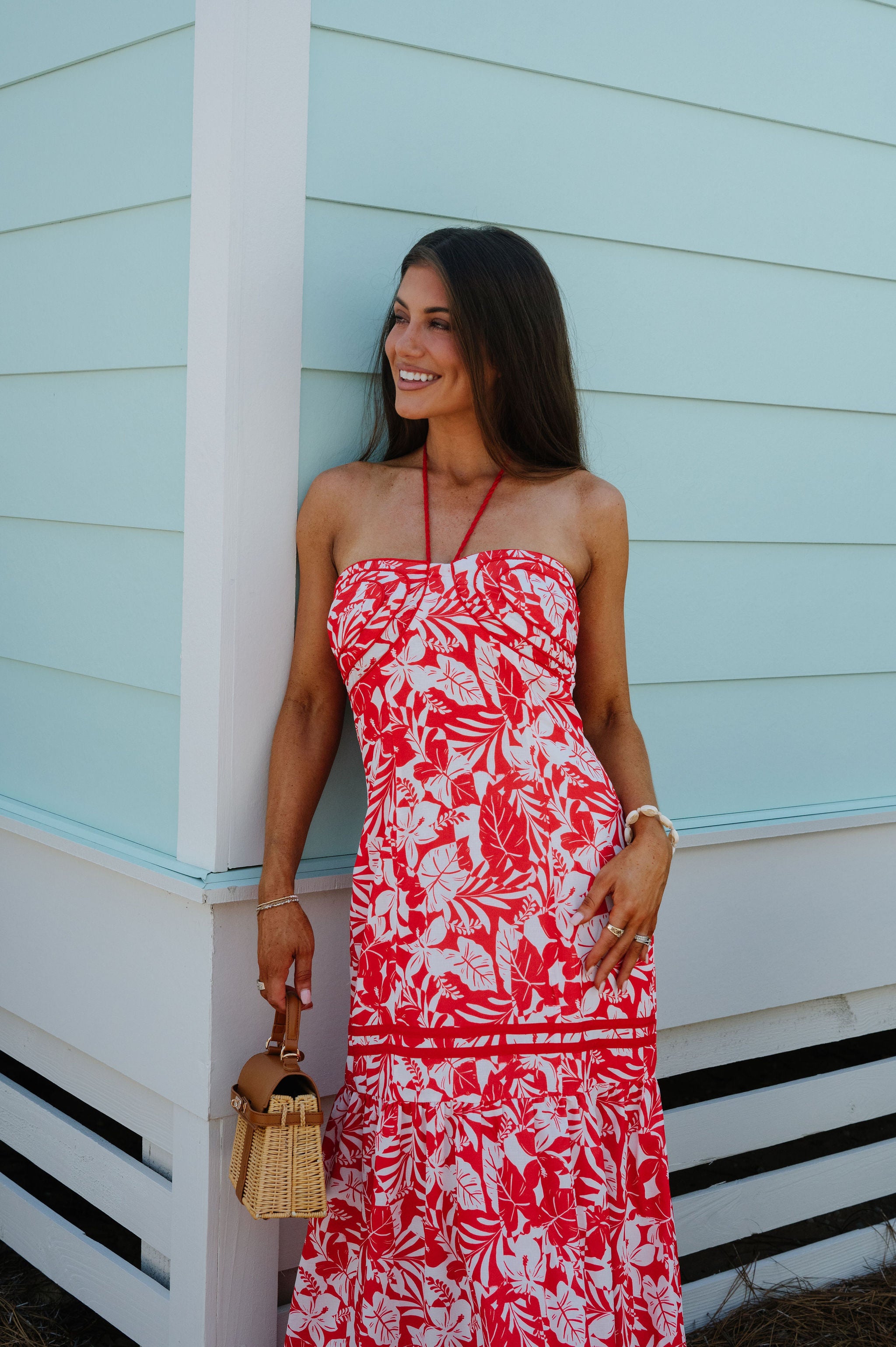 Poppy Tropical Maxi Dress-Red/White