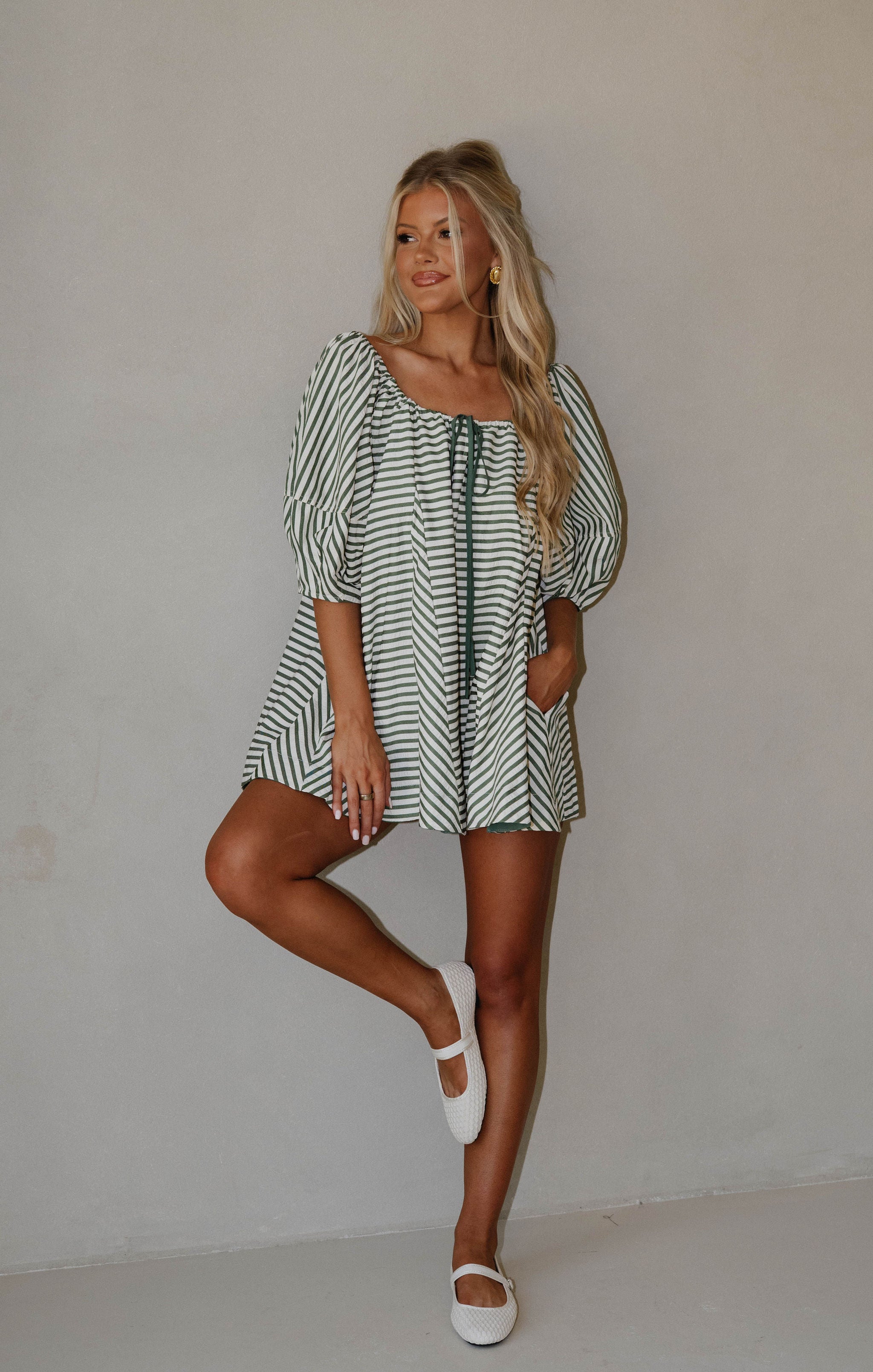 Monica Romper-Green Stripe