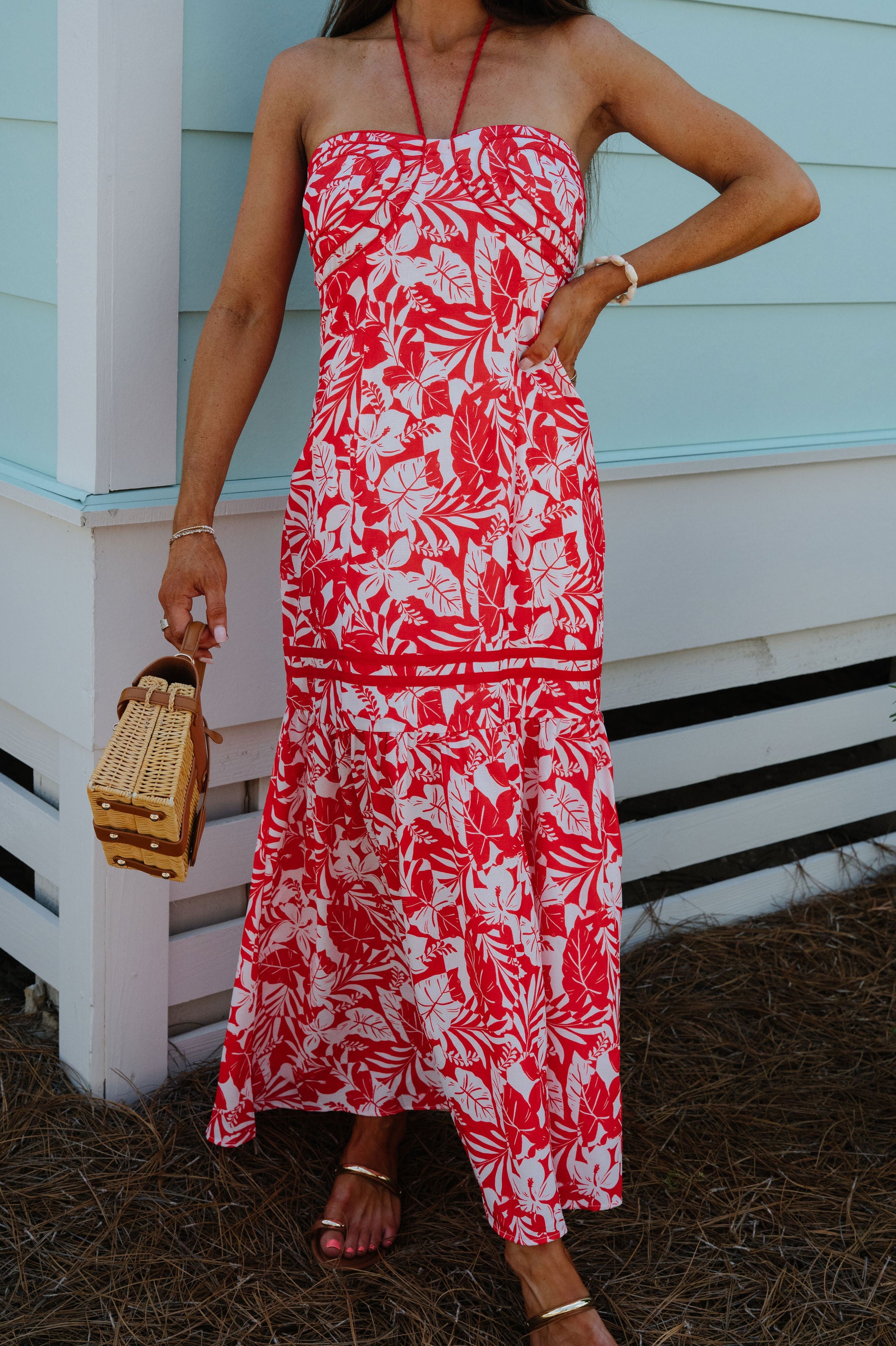 Poppy Tropical Maxi Dress-Red/White