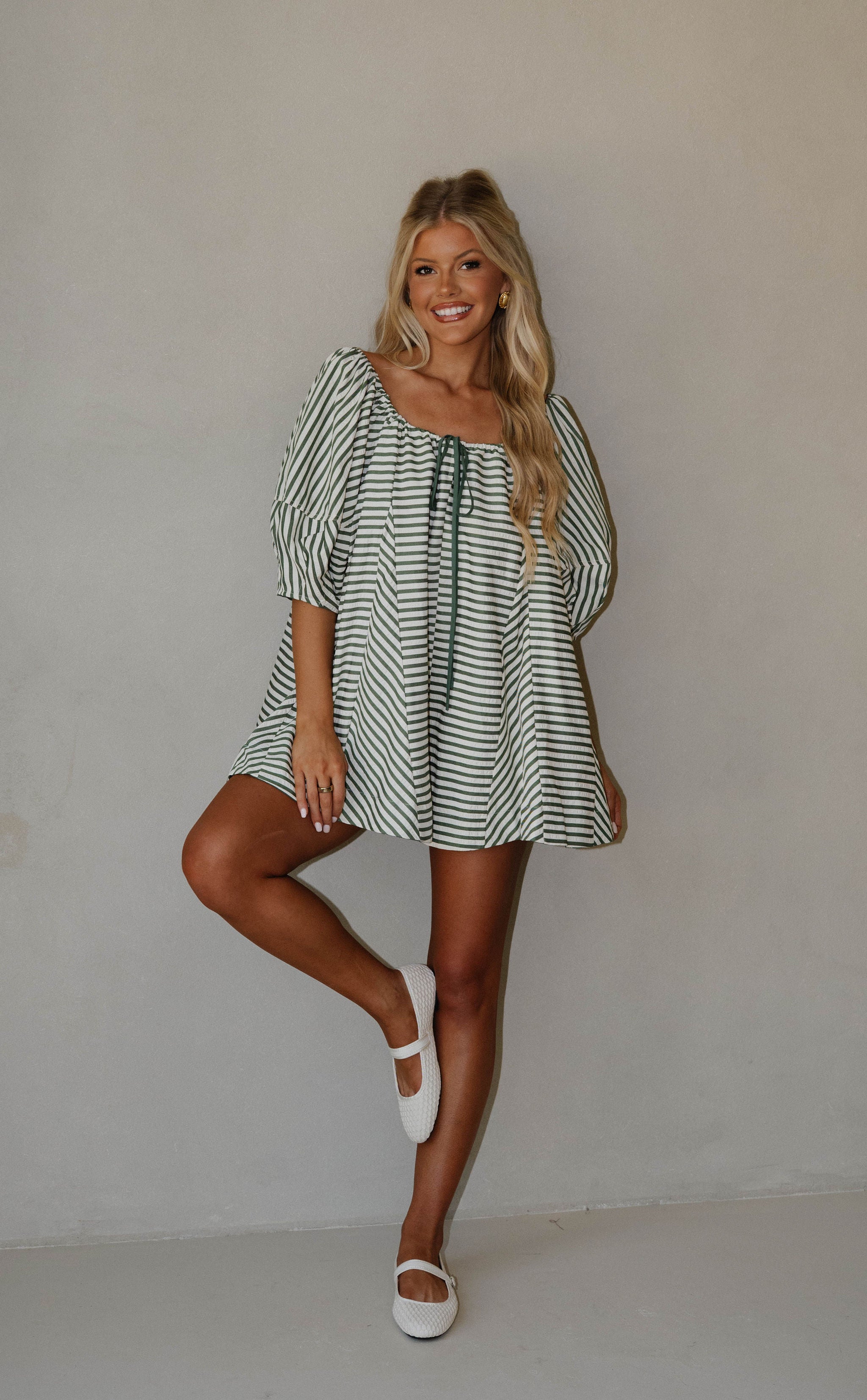 Monica Romper-Green Stripe