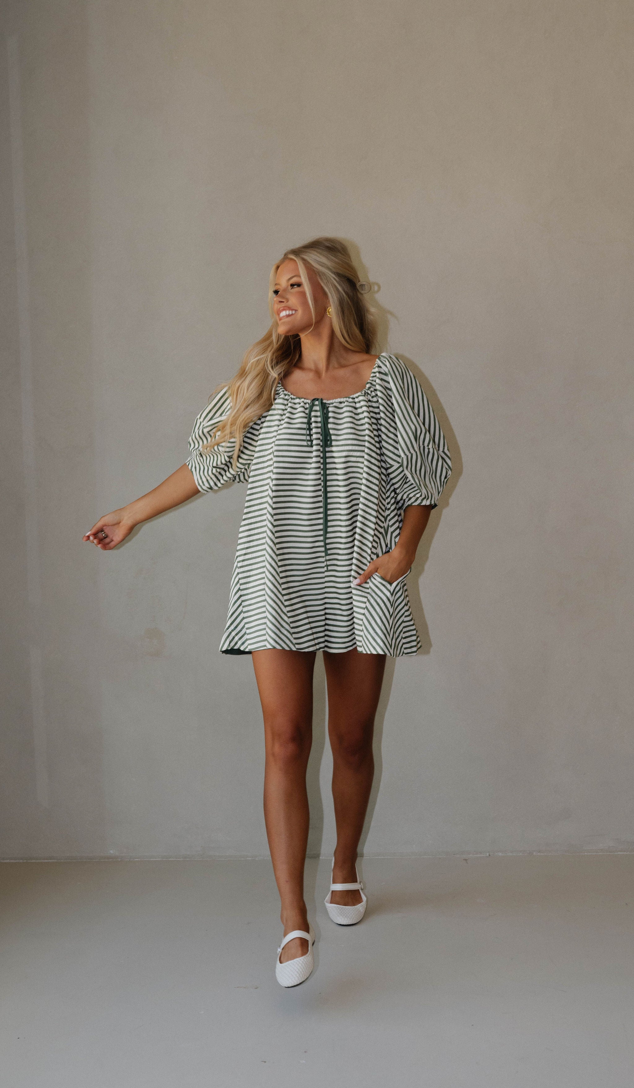 Monica Romper-Green Stripe