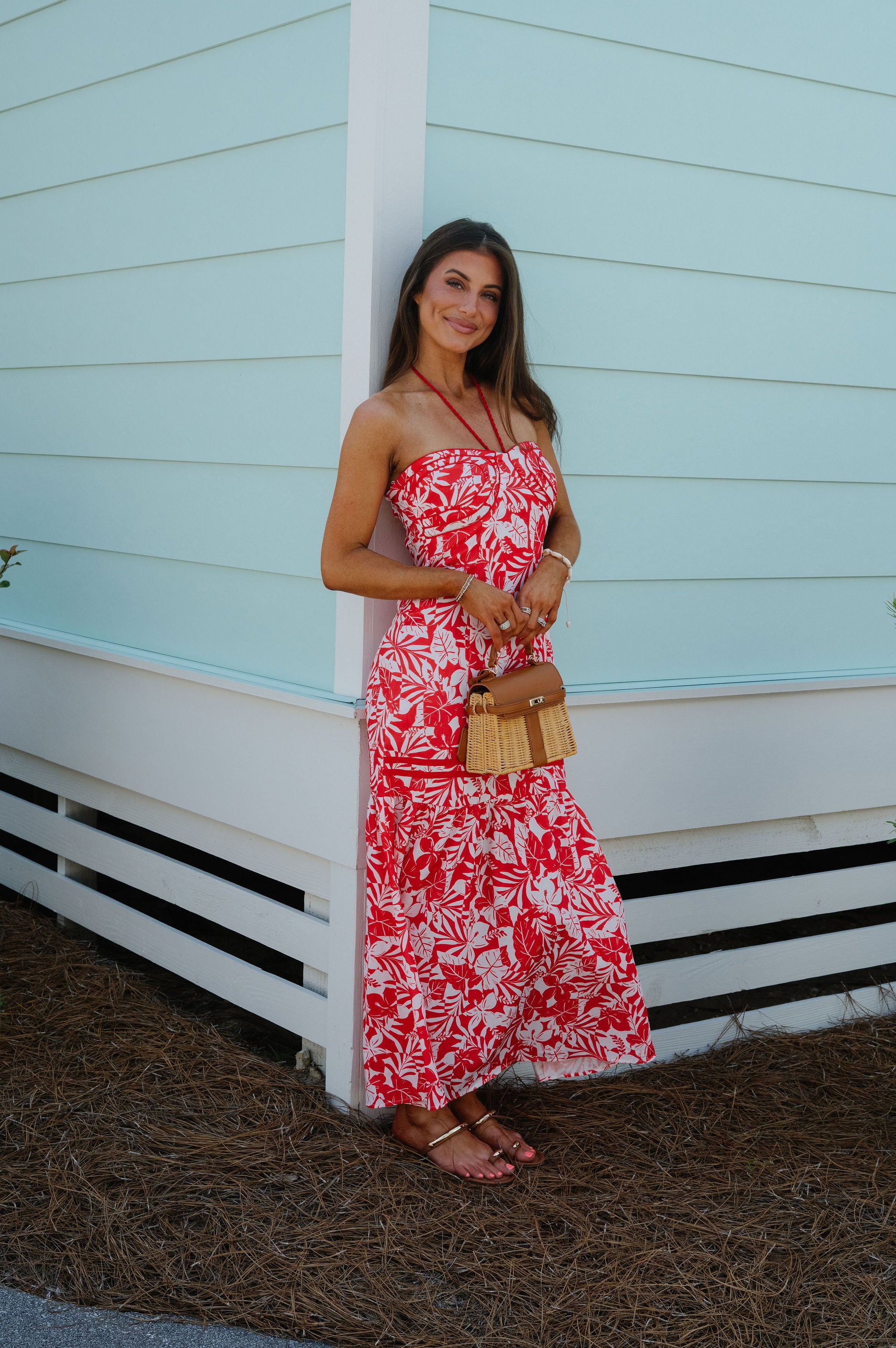 Poppy Tropical Maxi Dress-Red/White
