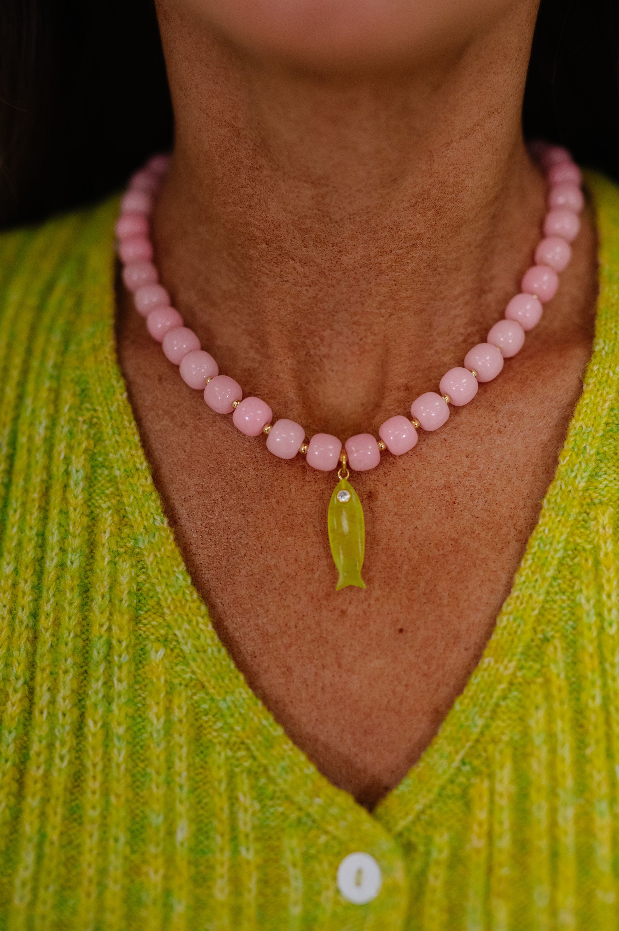 Fish Charm Beaded Necklace-Pink/Green