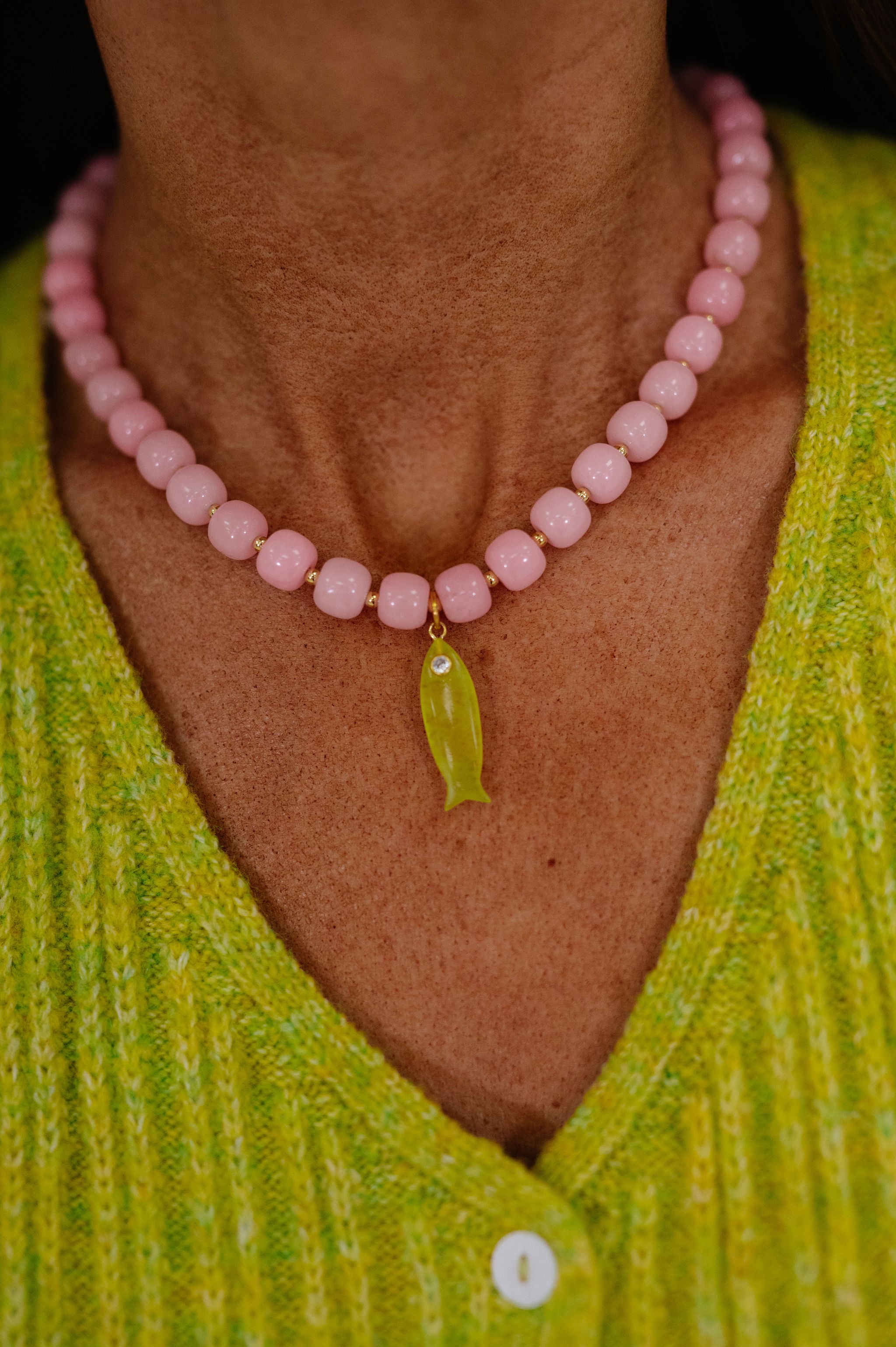 Fish Charm Beaded Necklace-Pink/Green